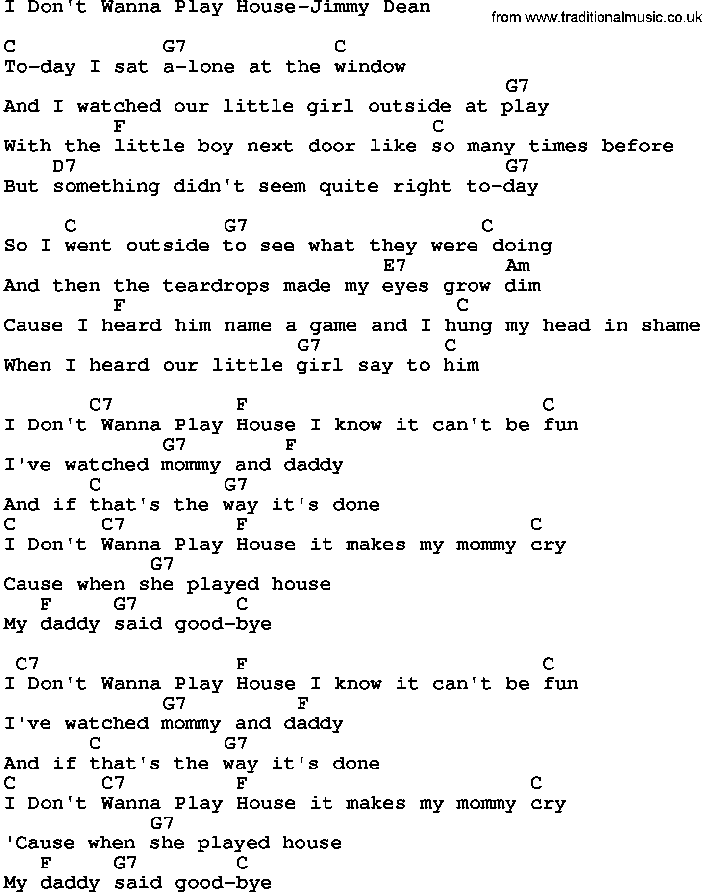 Country music song: I Don't Wanna Play House-Jimmy Dean lyrics and chords