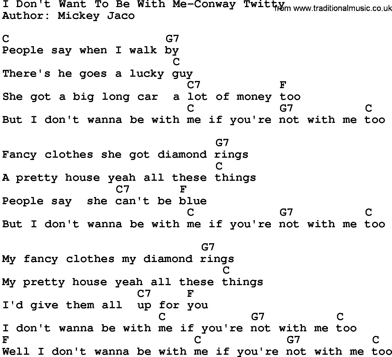 Country music song: I Don't Want To Be With Me-Conway Twitty lyrics and chords