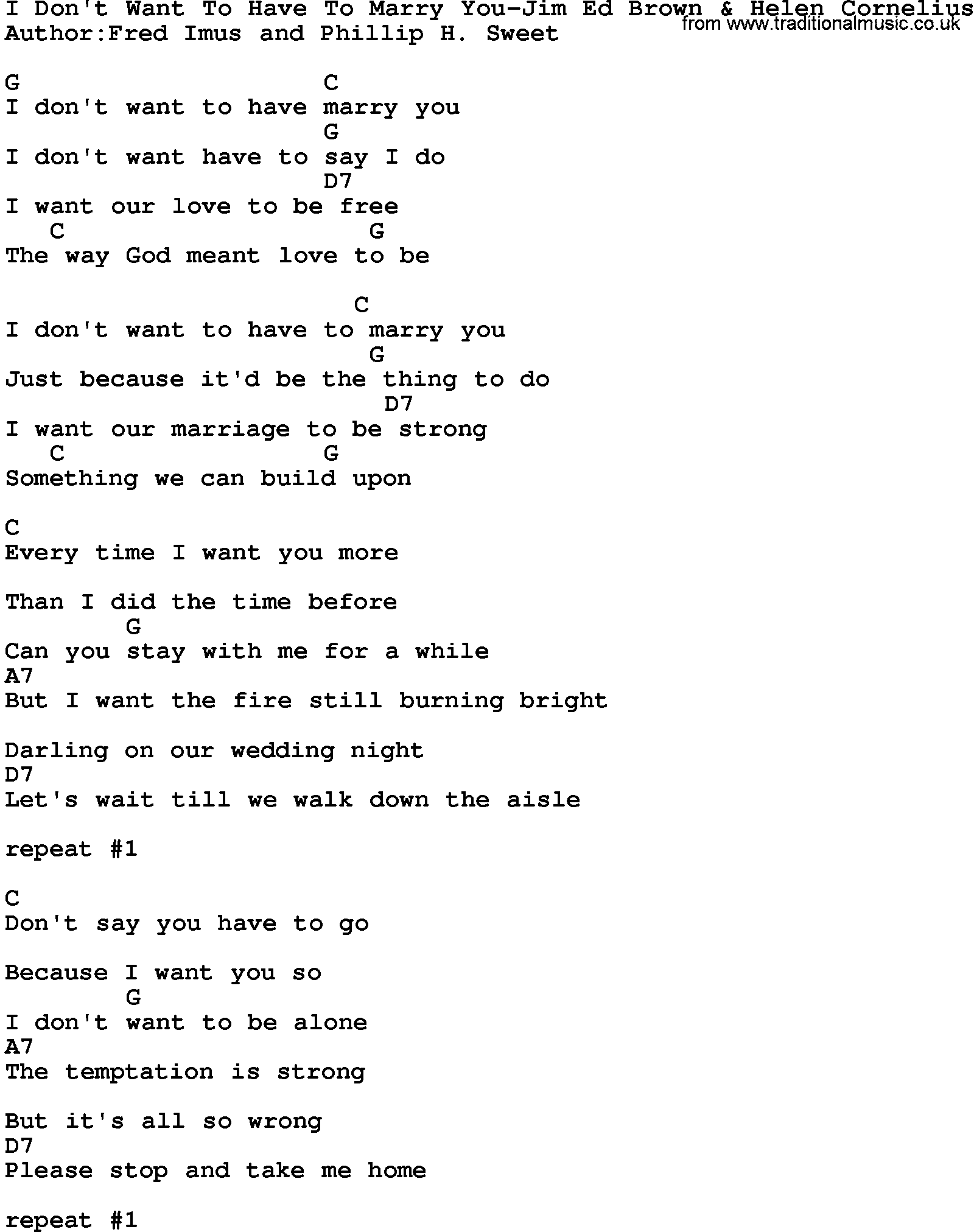 Country music song: I Don't Want To Have To Marry You-Jim Ed Brown & Helen Cornelius lyrics and chords