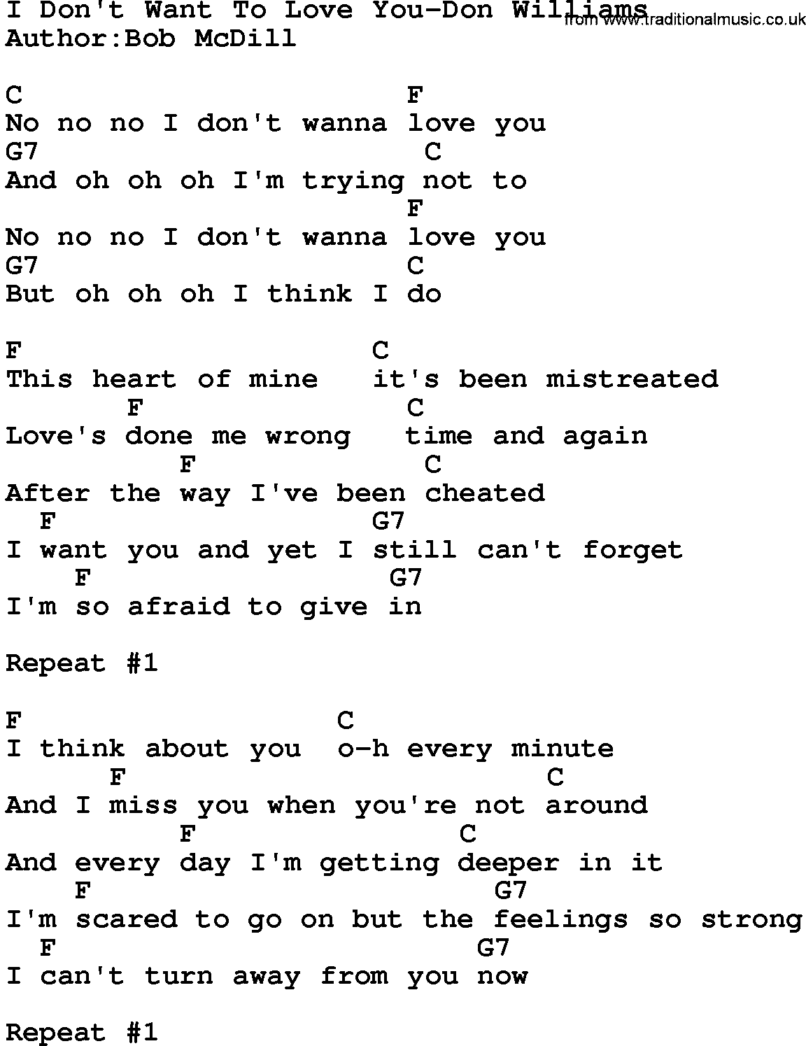 Country music song: I Don't Want To Love You-Don Williams lyrics and chords