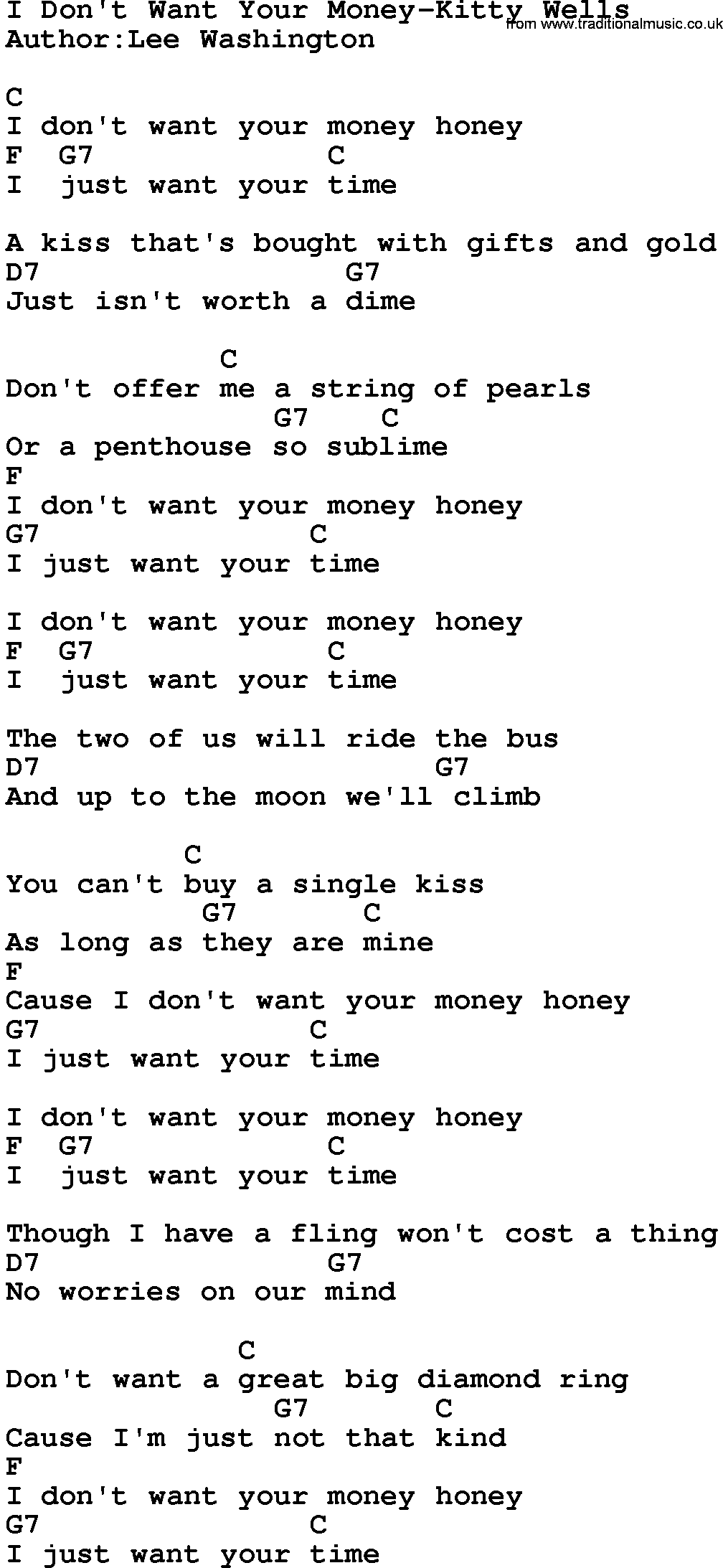 Country music song: I Don't Want Your Money-Kitty Wells lyrics and chords