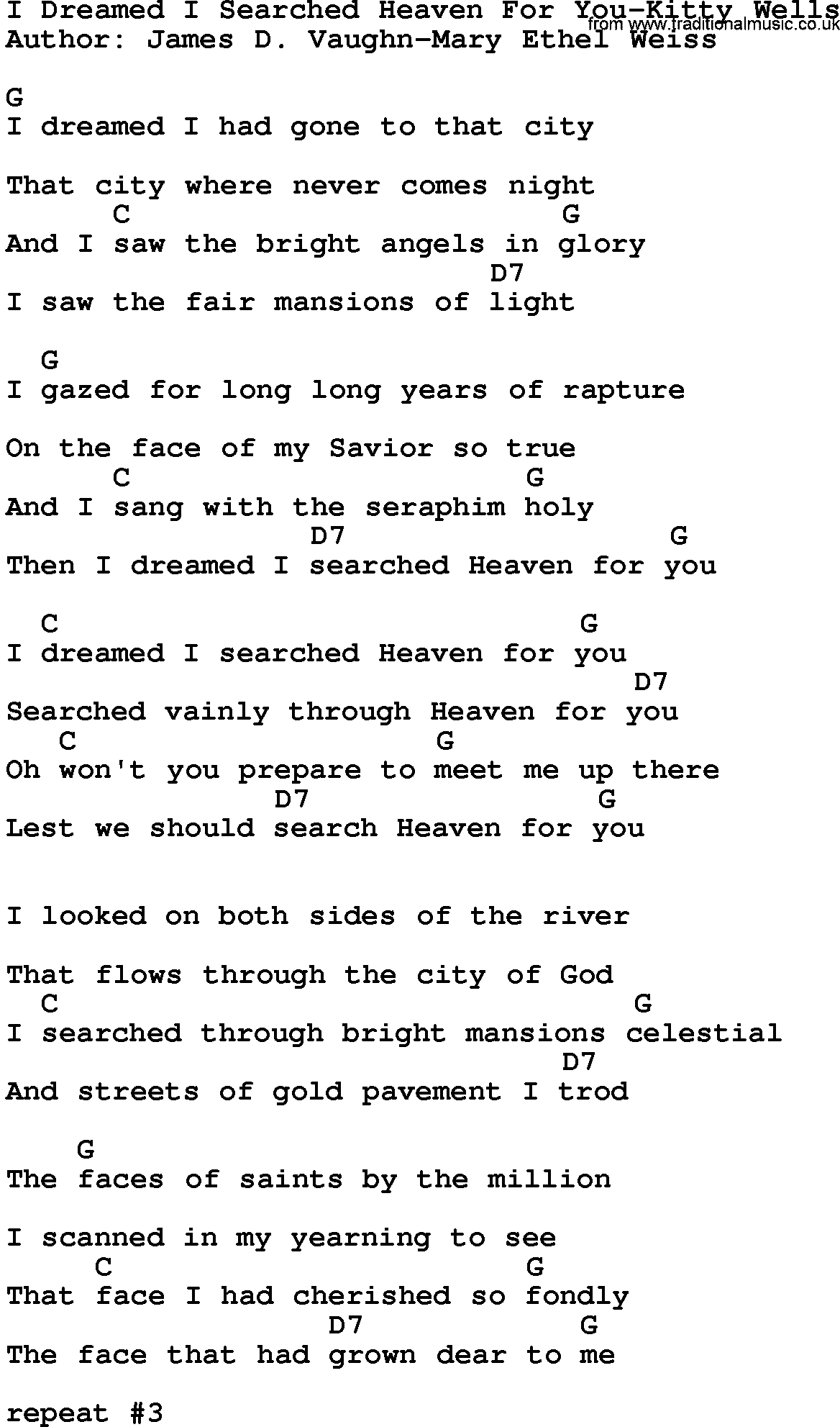 Country music song: I Dreamed I Searched Heaven For You-Kitty Wells lyrics and chords