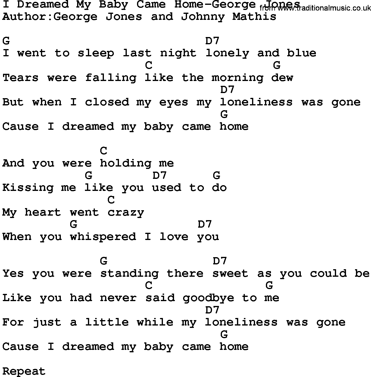 Country music song: I Dreamed My Baby Came Home-George Jones lyrics and chords