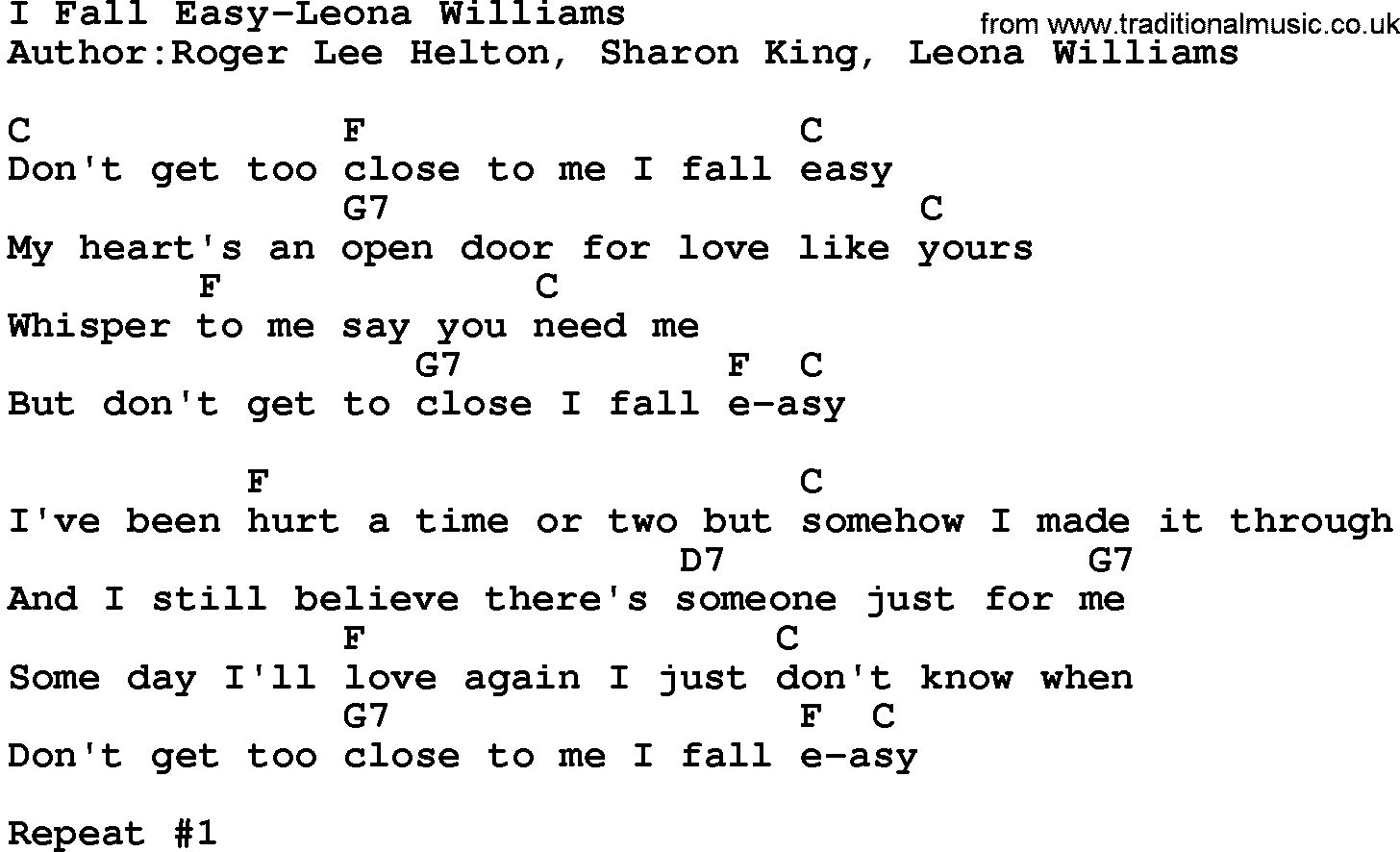 Country music song: I Fall Easy-Leona Williams lyrics and chords