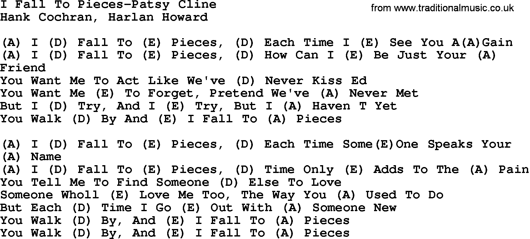 Country music song: I Fall To Pieces-Patsy Cline lyrics and chords