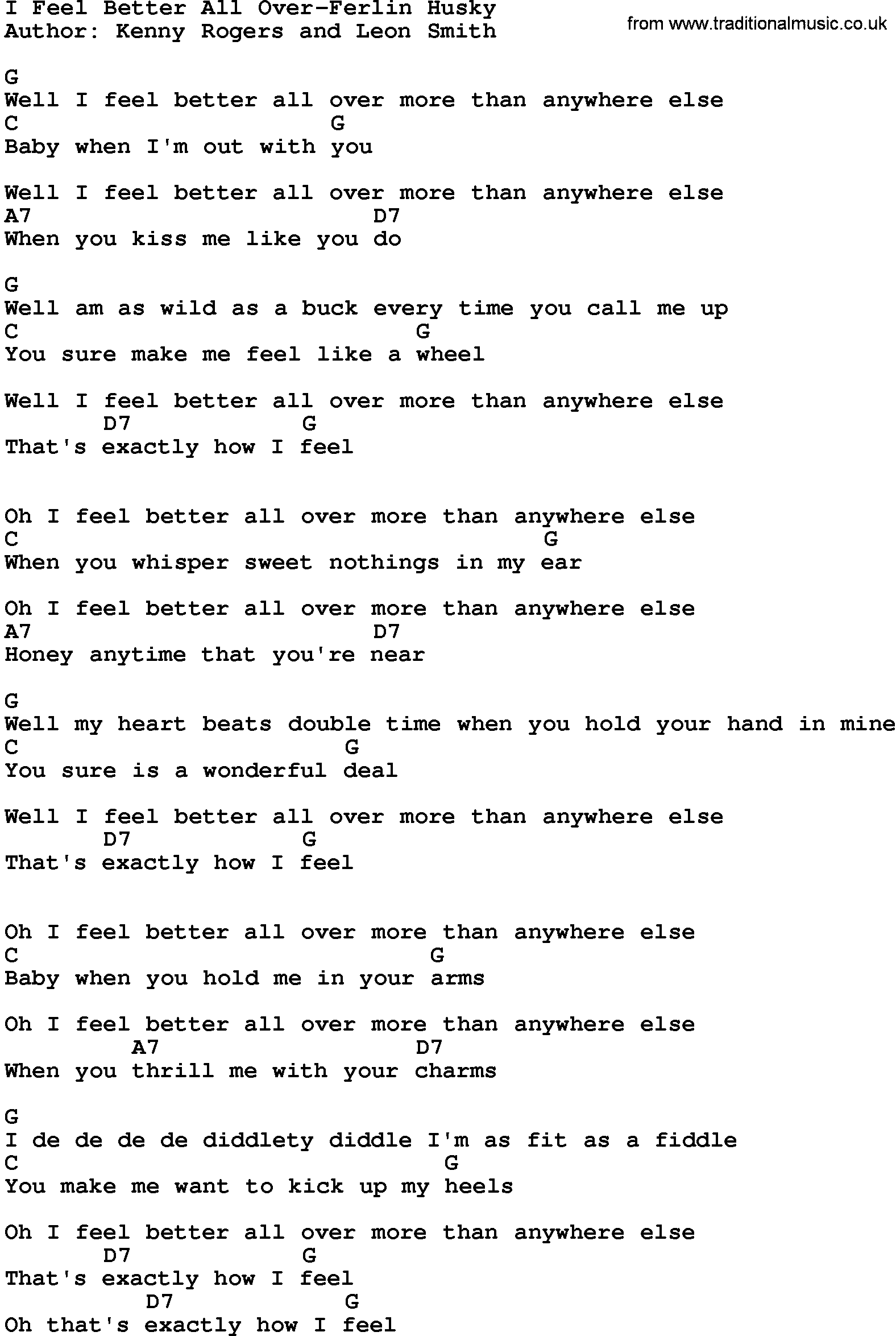 Country music song: I Feel Better All Over-Ferlin Husky lyrics and chords