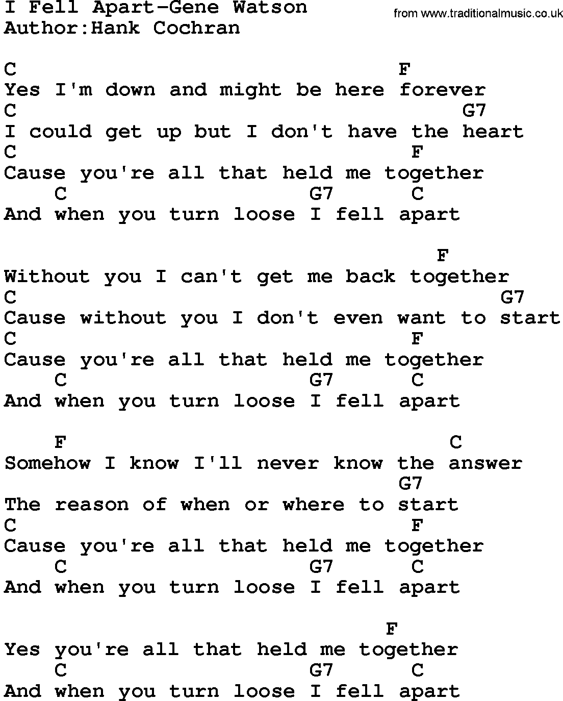 Country music song: I Fell Apart-Gene Watson lyrics and chords