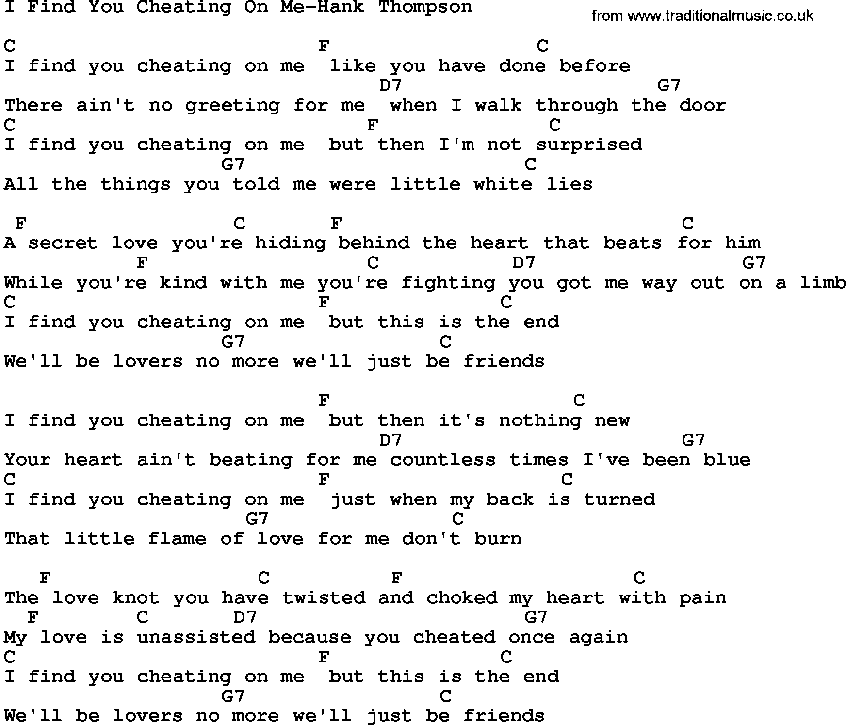 Country music song: I Find You Cheating On Me-Hank Thompson lyrics and chords