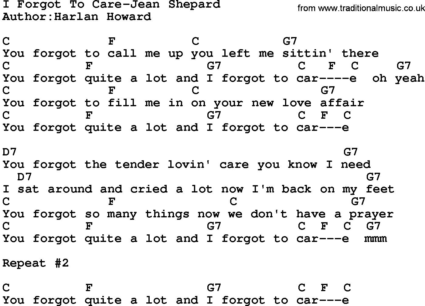 Country music song: I Forgot To Care-Jean Shepard lyrics and chords