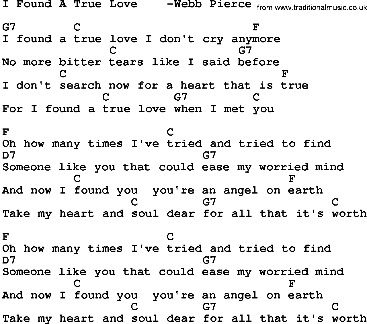 Country music song: I Found A True Love -Webb Pierce lyrics and chords