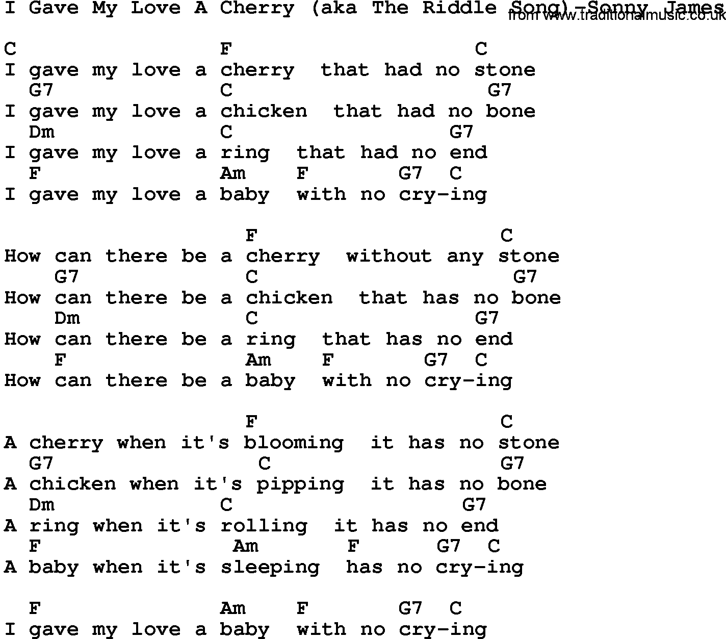 Country music song: I Gave My Love A Cherry(Aka The Riddle Song)-Sonny James lyrics and chords