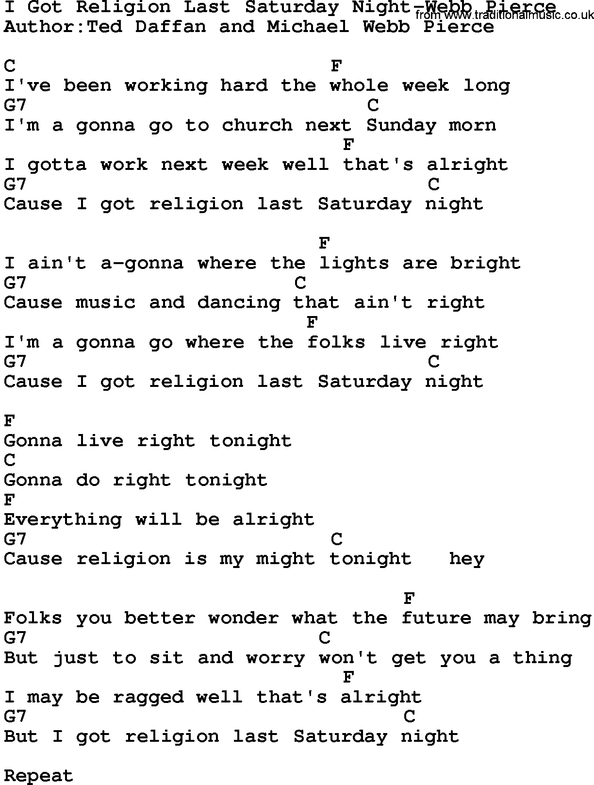 Country music song: I Got Religion Last Saturday Night-Webb Pierce lyrics and chords