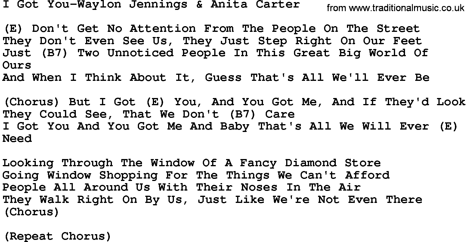 Country music song: I Got You-Waylon Jennings&Anita Carter lyrics and chords