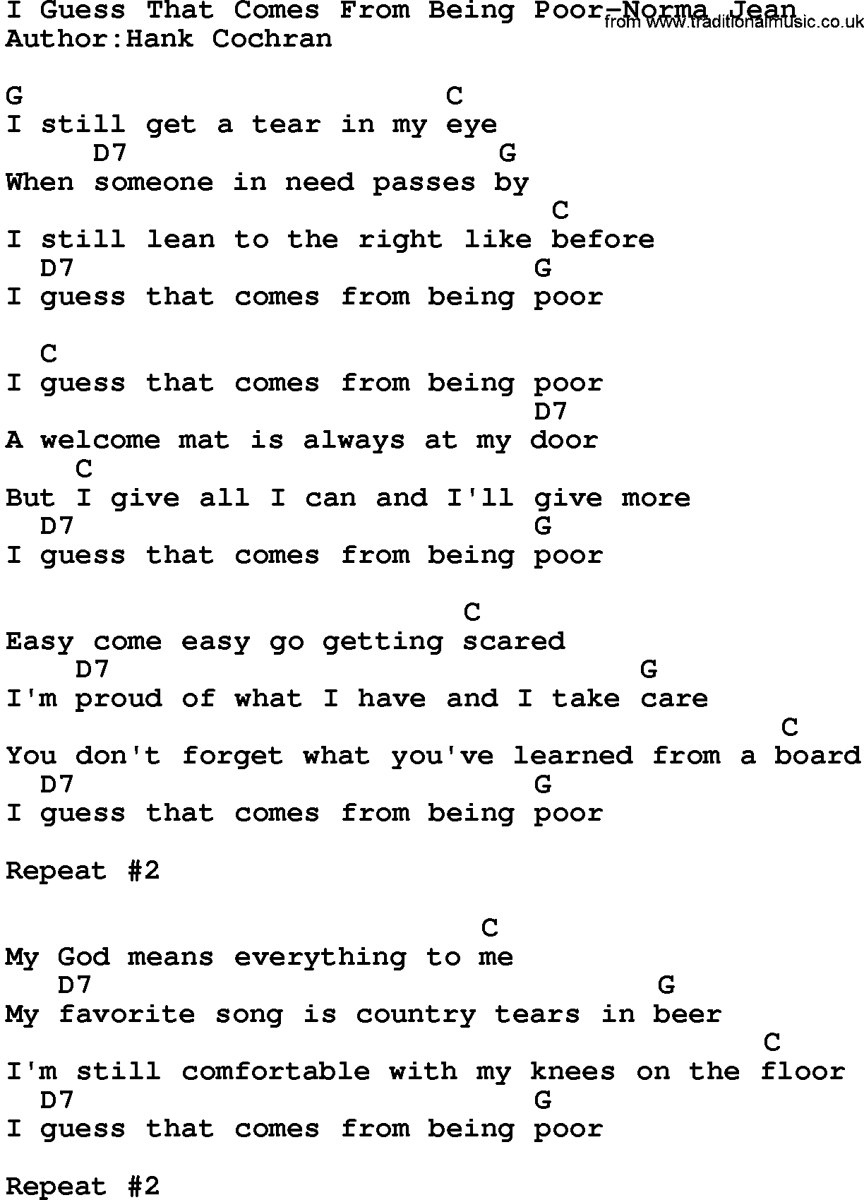 Country music song: I Guess That Comes From Being Poor-Norma Jean lyrics and chords