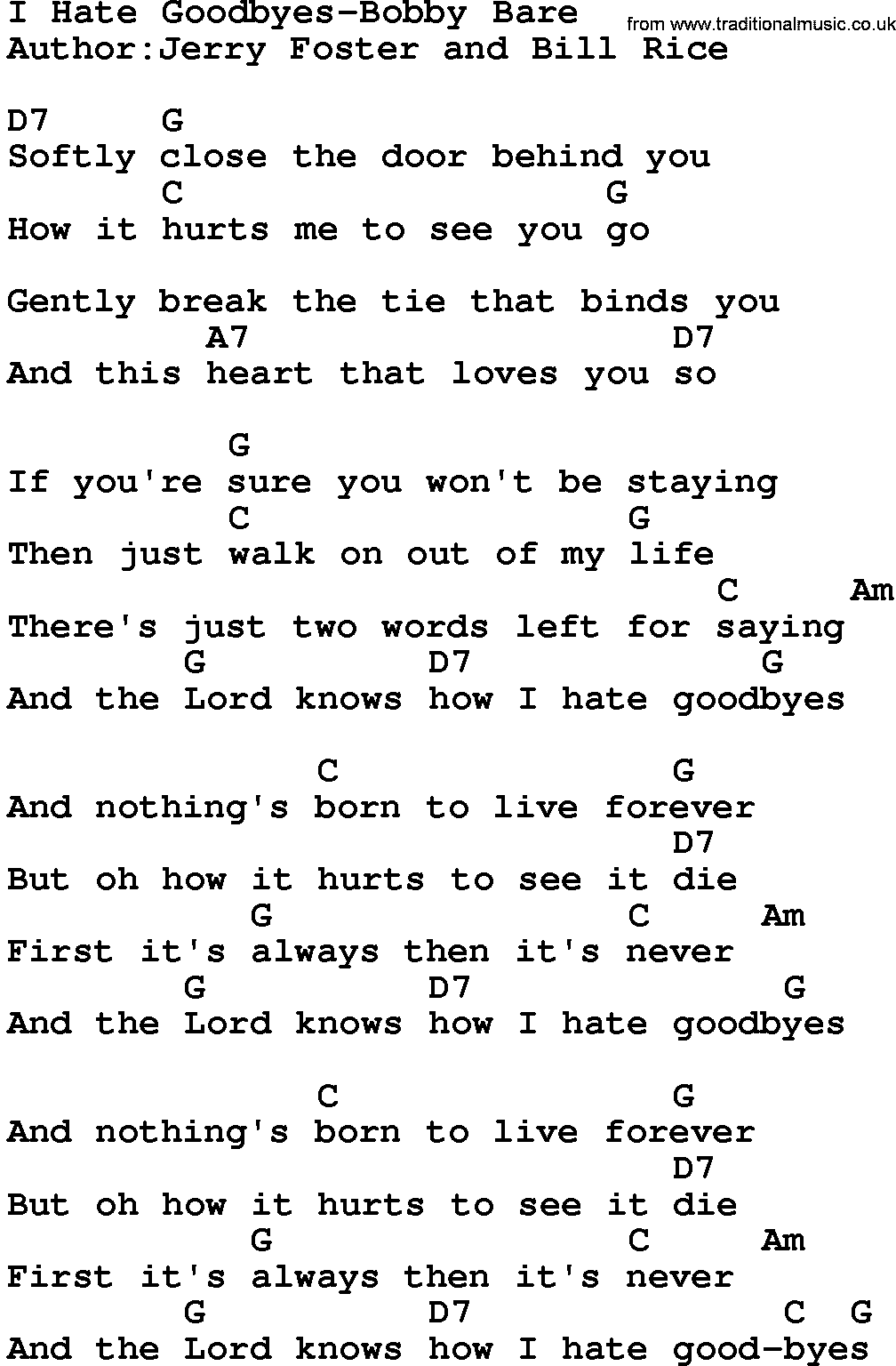 Country music song: I Hate Goodbyes-Bobby Bare lyrics and chords