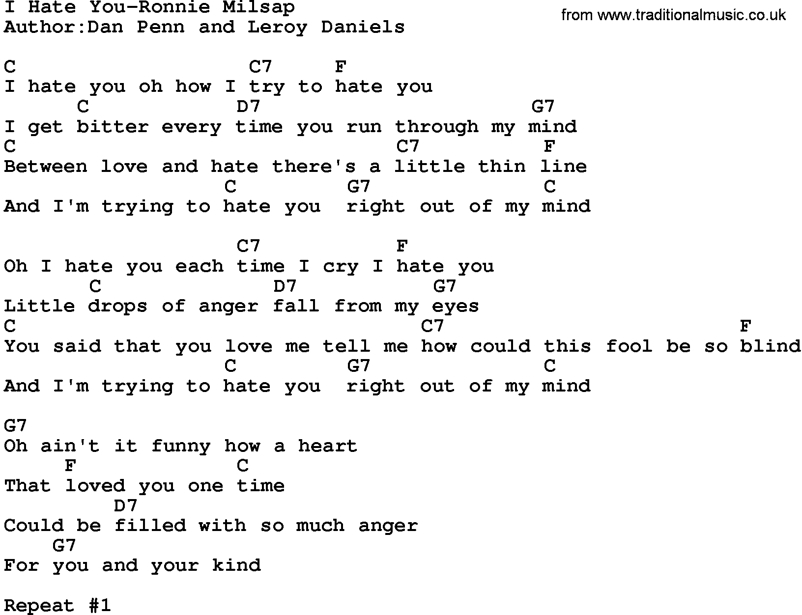 Country music song: I Hate You-Ronnie Milsap lyrics and chords