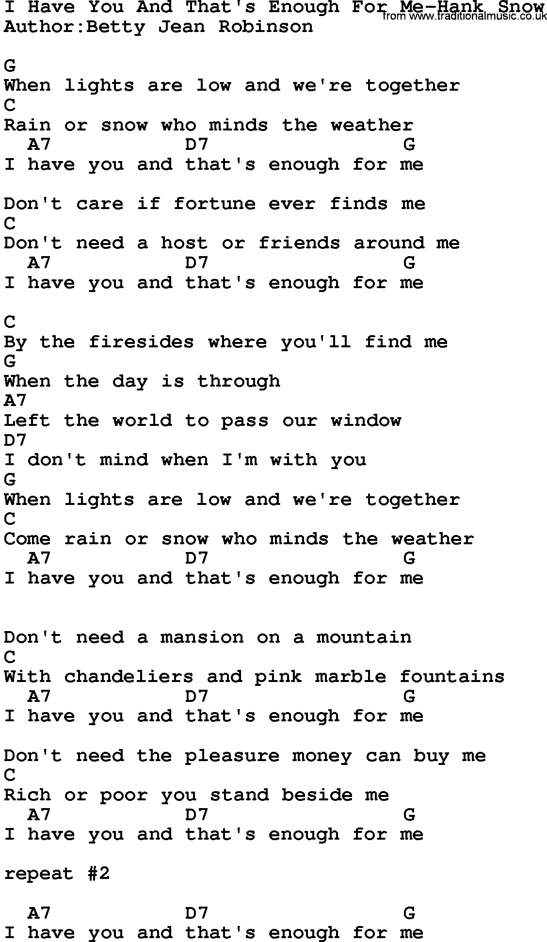 Country music song: I Have You And That's Enough For Me-Hank Snow lyrics and chords
