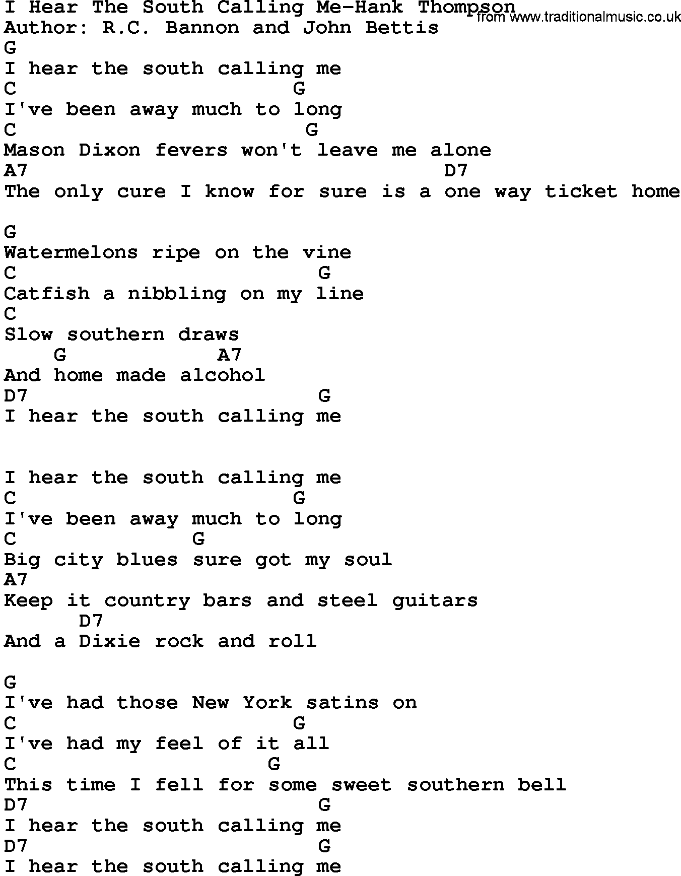 Country music song: I Hear The South Calling Me-Hank Thompson lyrics and chords