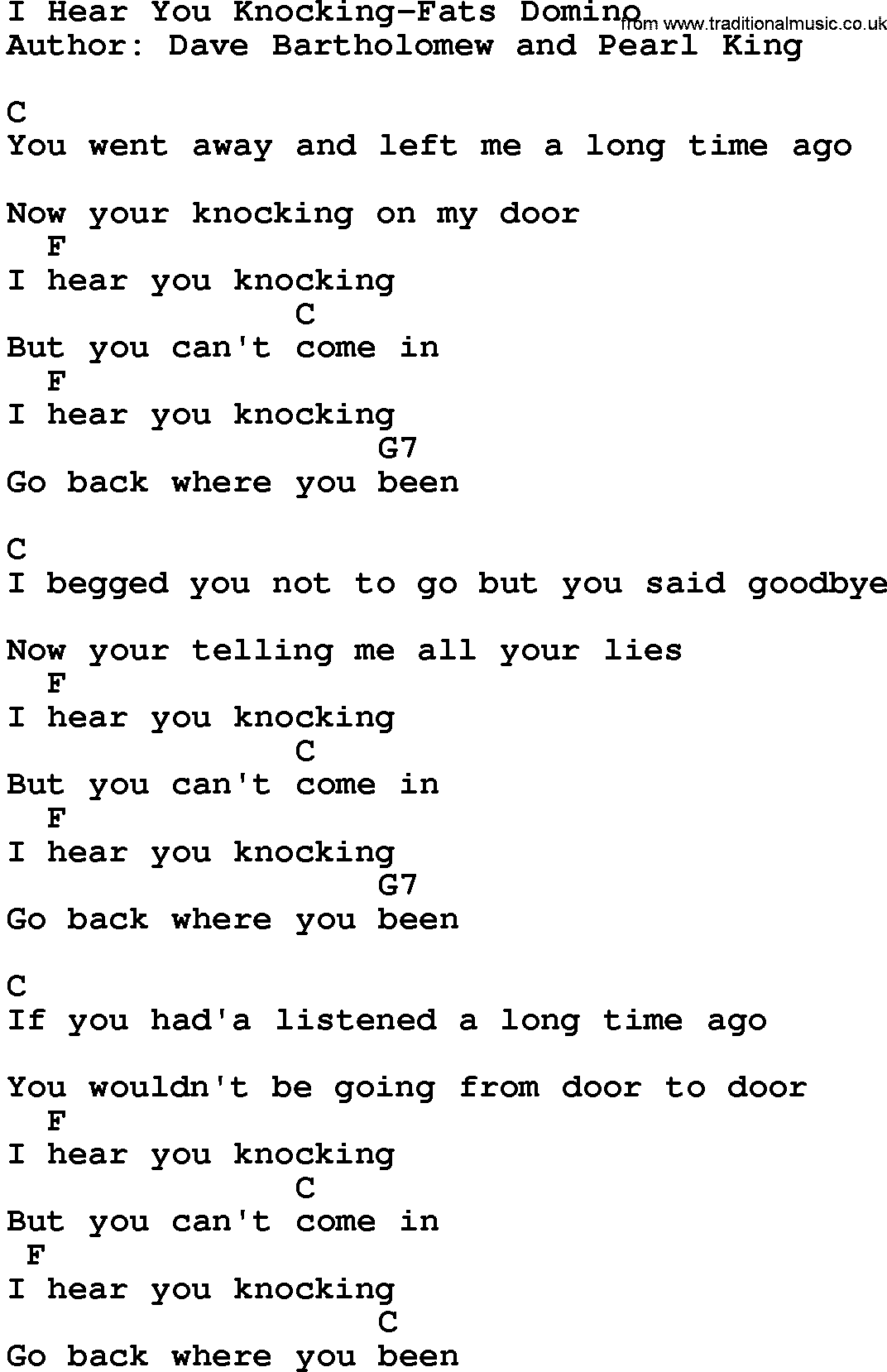 Country music song: I Hear You Knocking-Fats Domino lyrics and chords