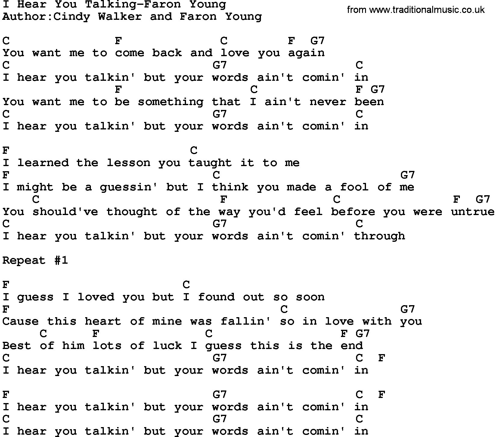 Country music song: I Hear You Talking-Faron Young lyrics and chords