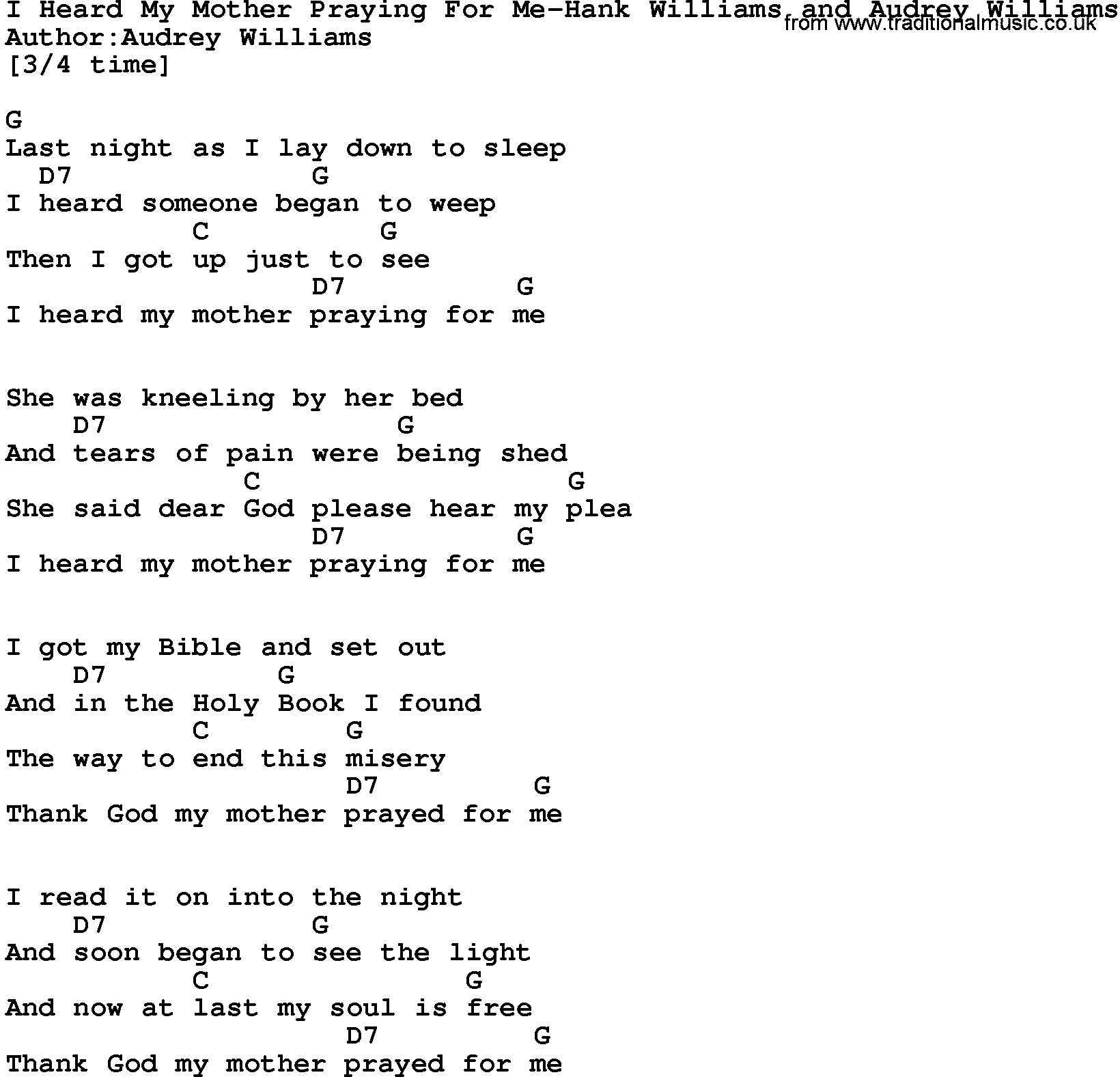 Country music song: I Heard My Mother Praying For Me-Hank Williams And Audrey Williams lyrics and chords