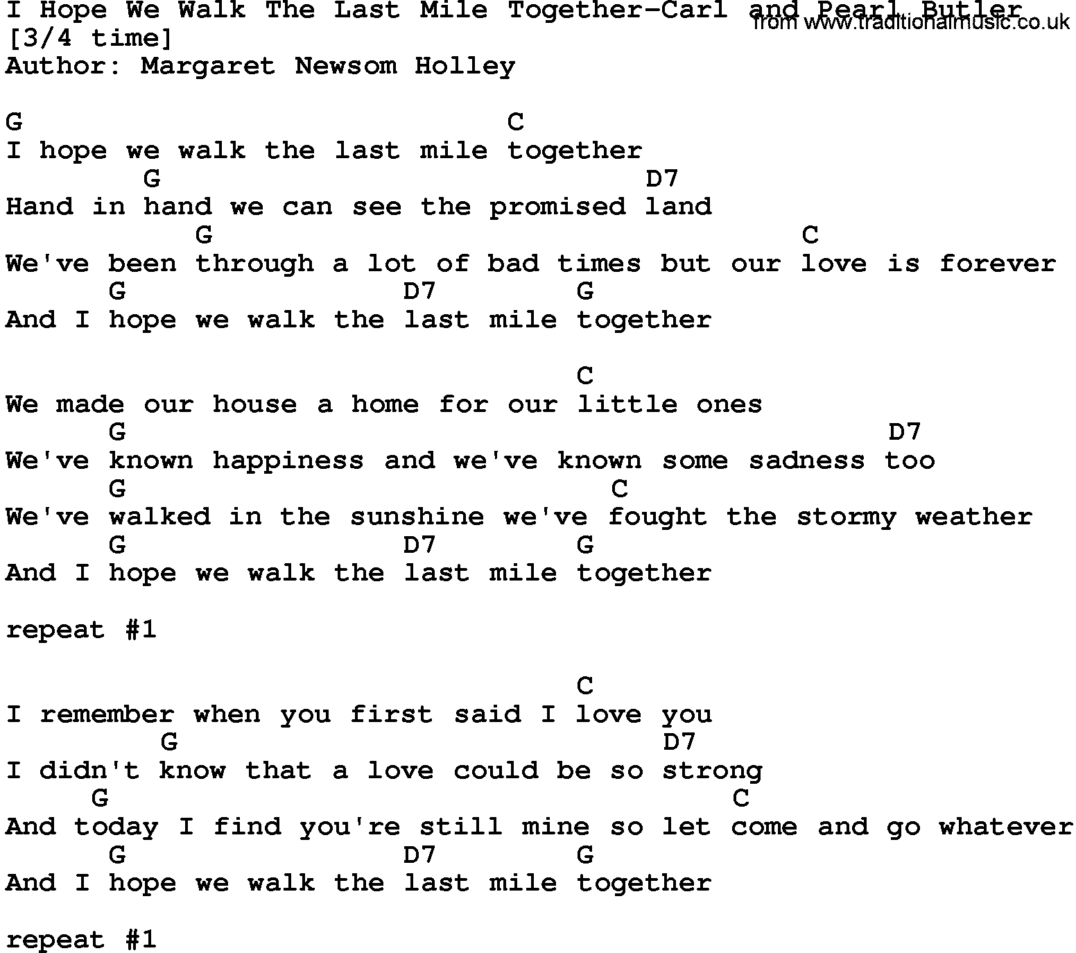 Country music song: I Hope We Walk The Last Mile Together-Carl And Pearl Butler lyrics and chords