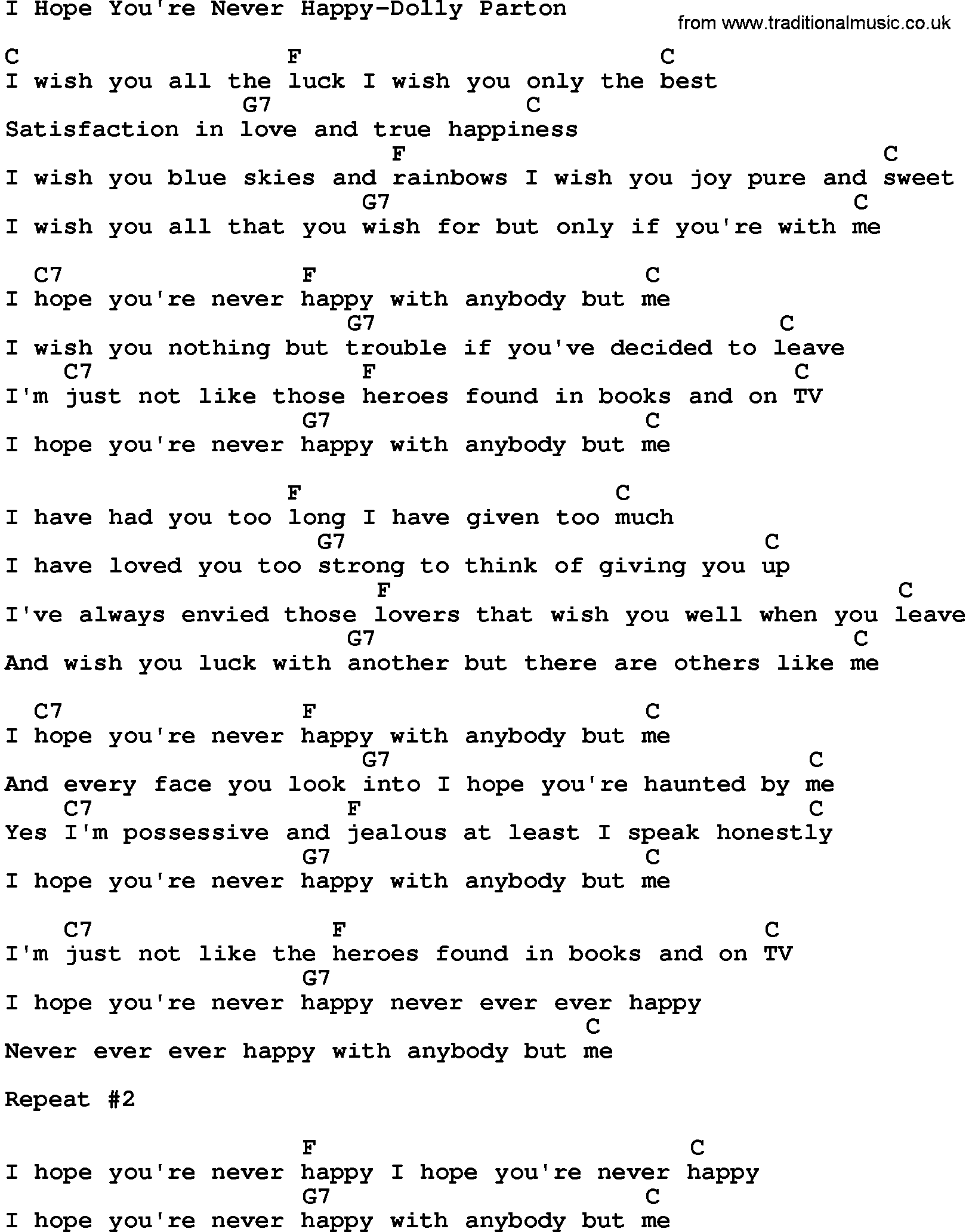 Country music song: I Hope You're Never Happy-Dolly Parton lyrics and chords