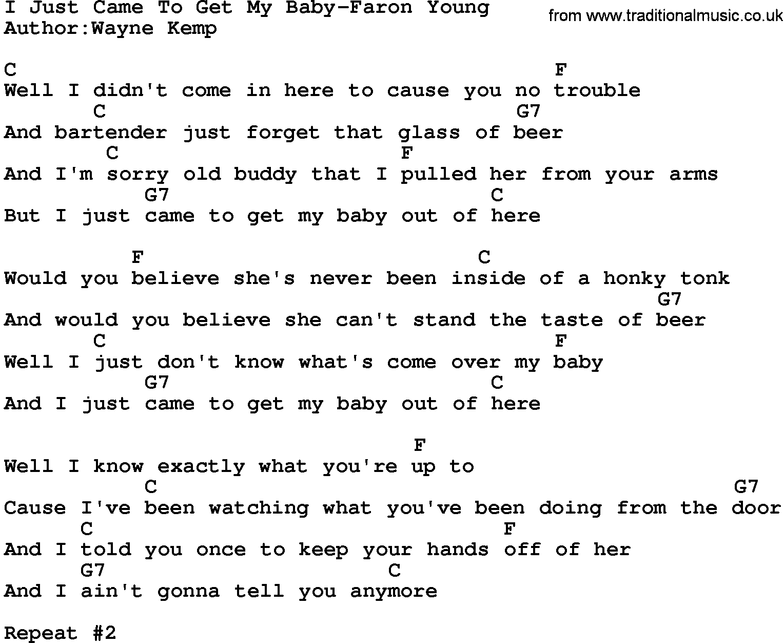 Country music song: I Just Came To Get My Baby-Faron Young lyrics and chords