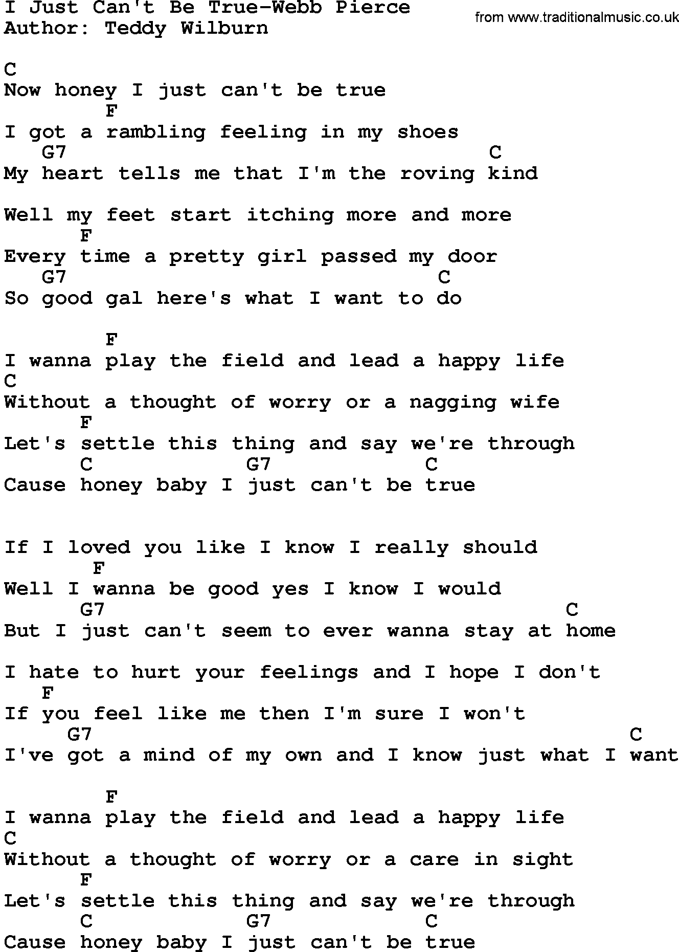 Country music song: I Just Can't Be True-Webb Pierce lyrics and chords
