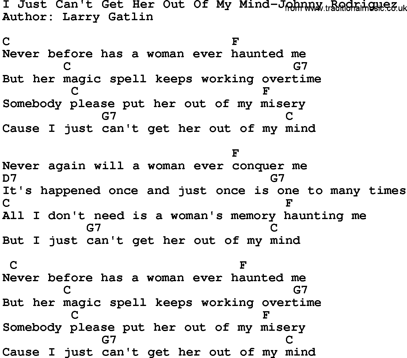 Country music song: I Just Can't Get Her Out Of My Mind-Johnny Rodriguez lyrics and chords