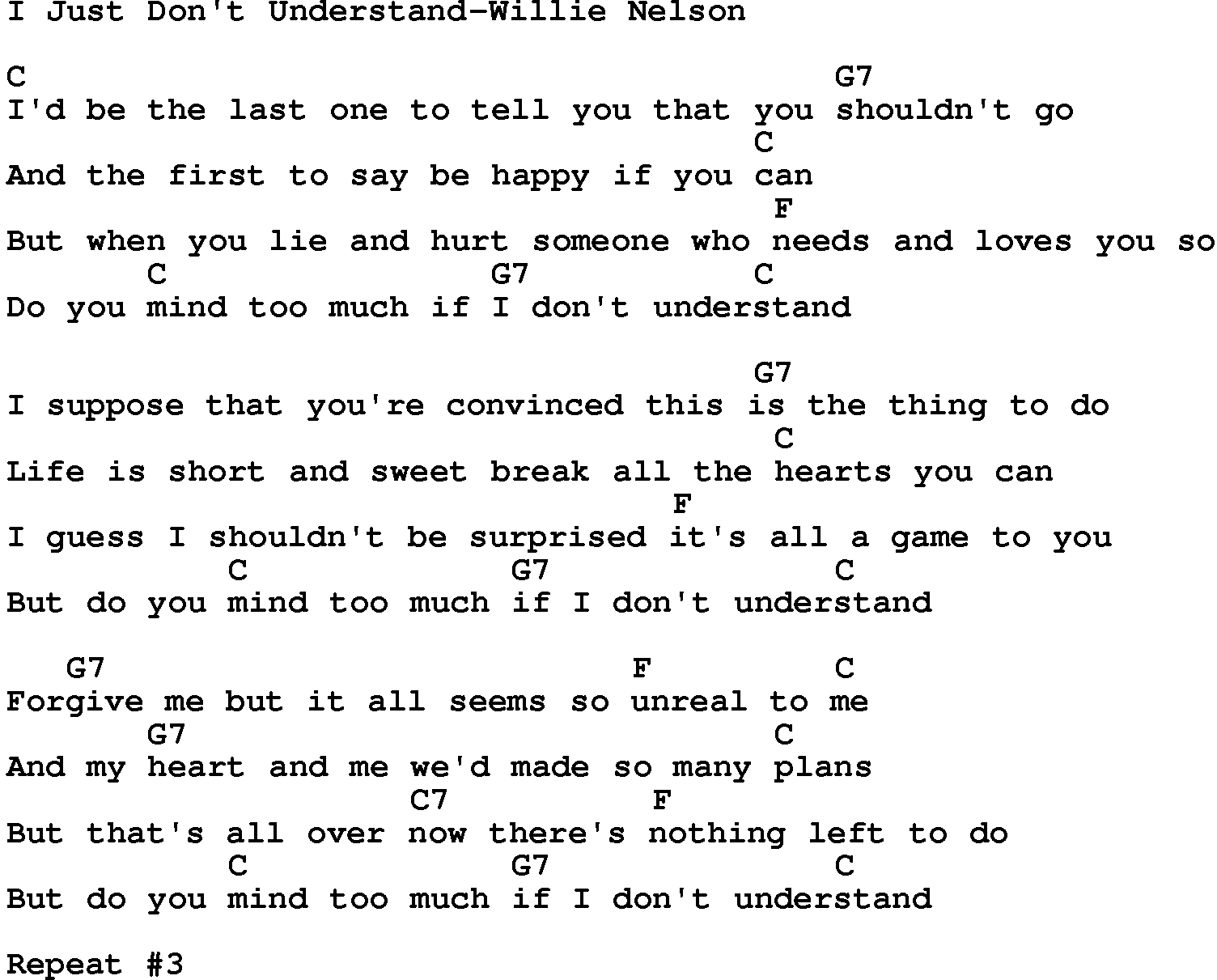 Country music song: I Just Don't Understand-Willie Nelson lyrics and chords
