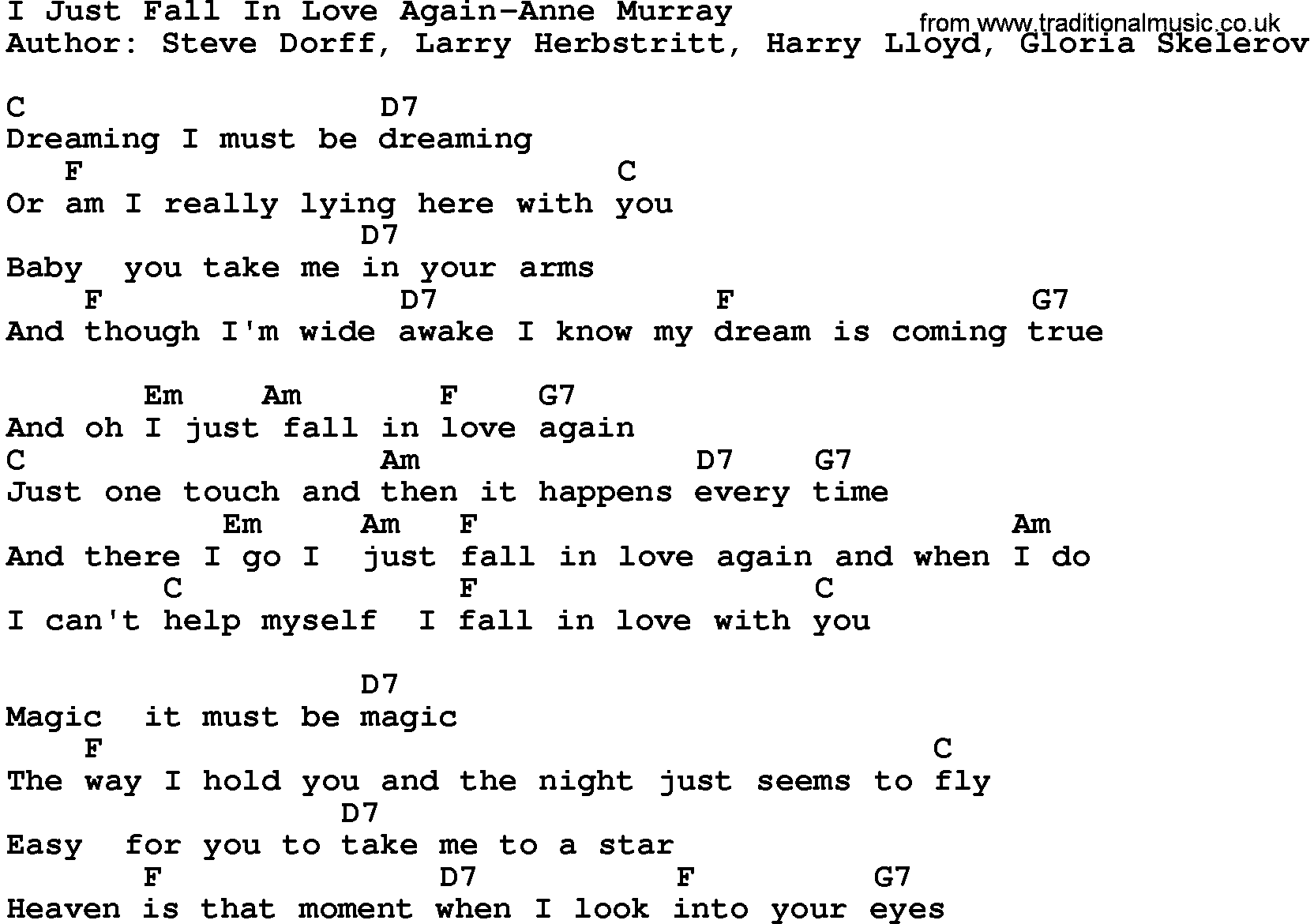 Country music song: I Just Fall In Love Again-Anne Murray lyrics and chords