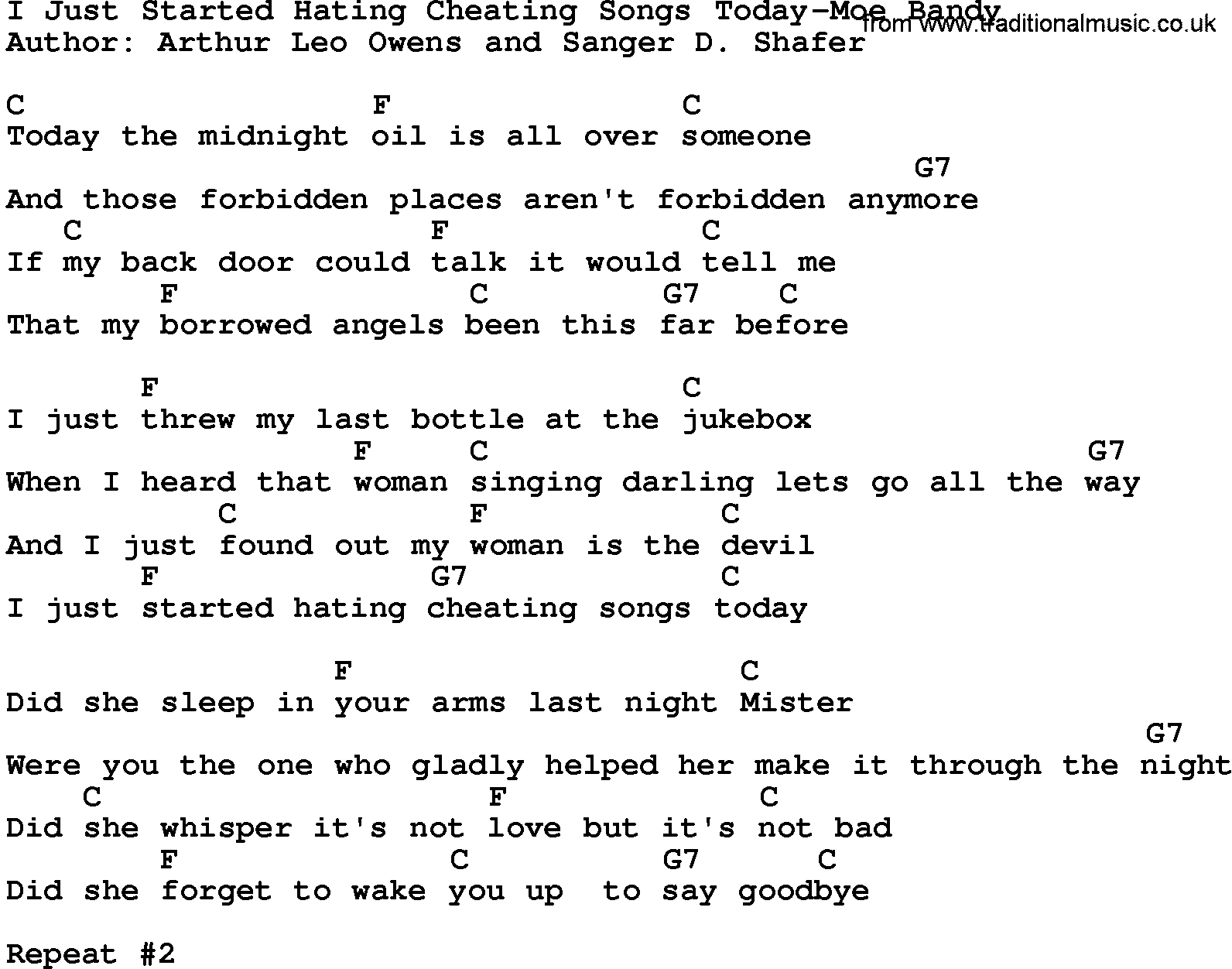 Country music song: I Just Started Hating Cheating Songs Today-Moe Bandy lyrics and chords