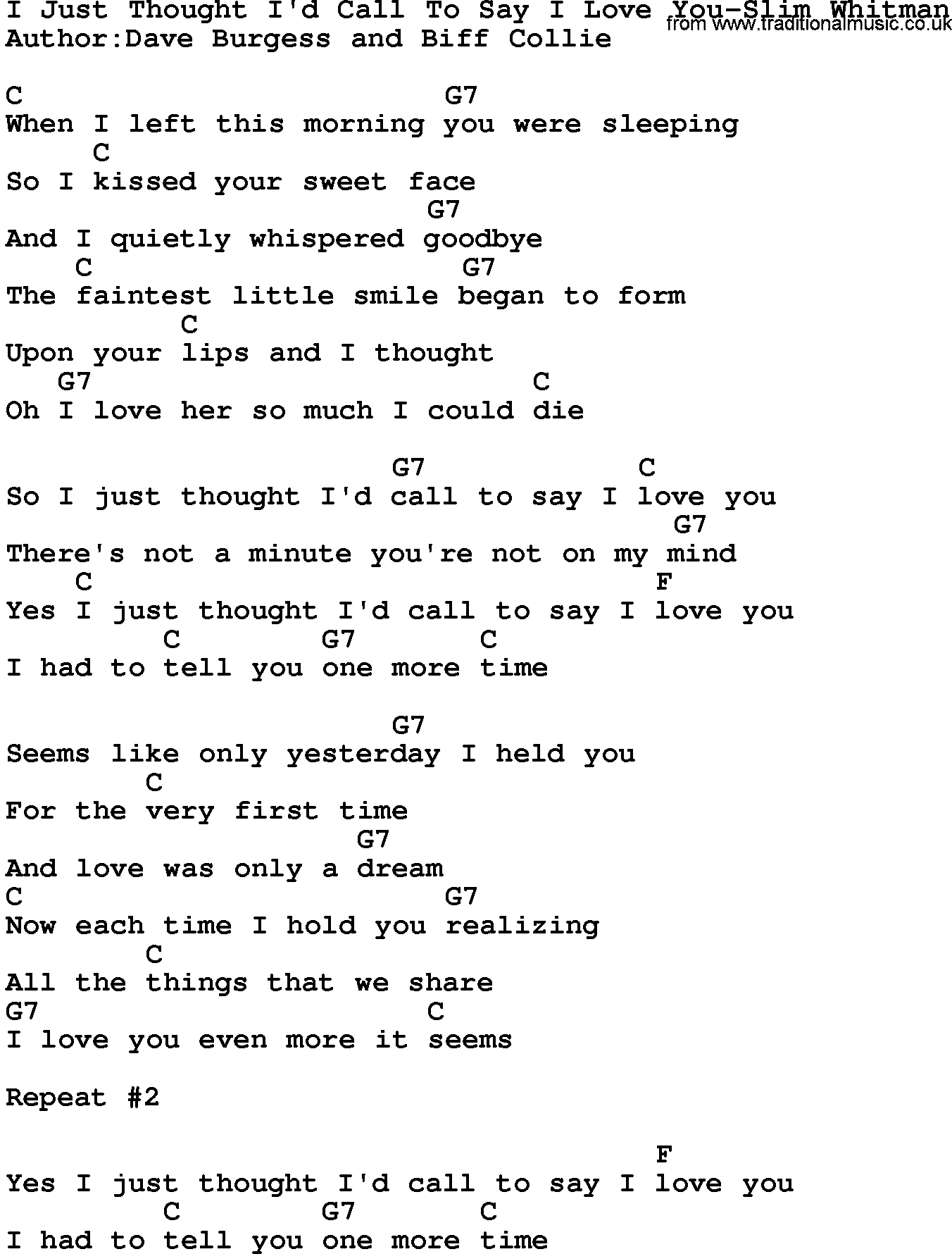 Country music song: I Just Thought I'd Call To Say I Love You-Slim Whitman lyrics and chords