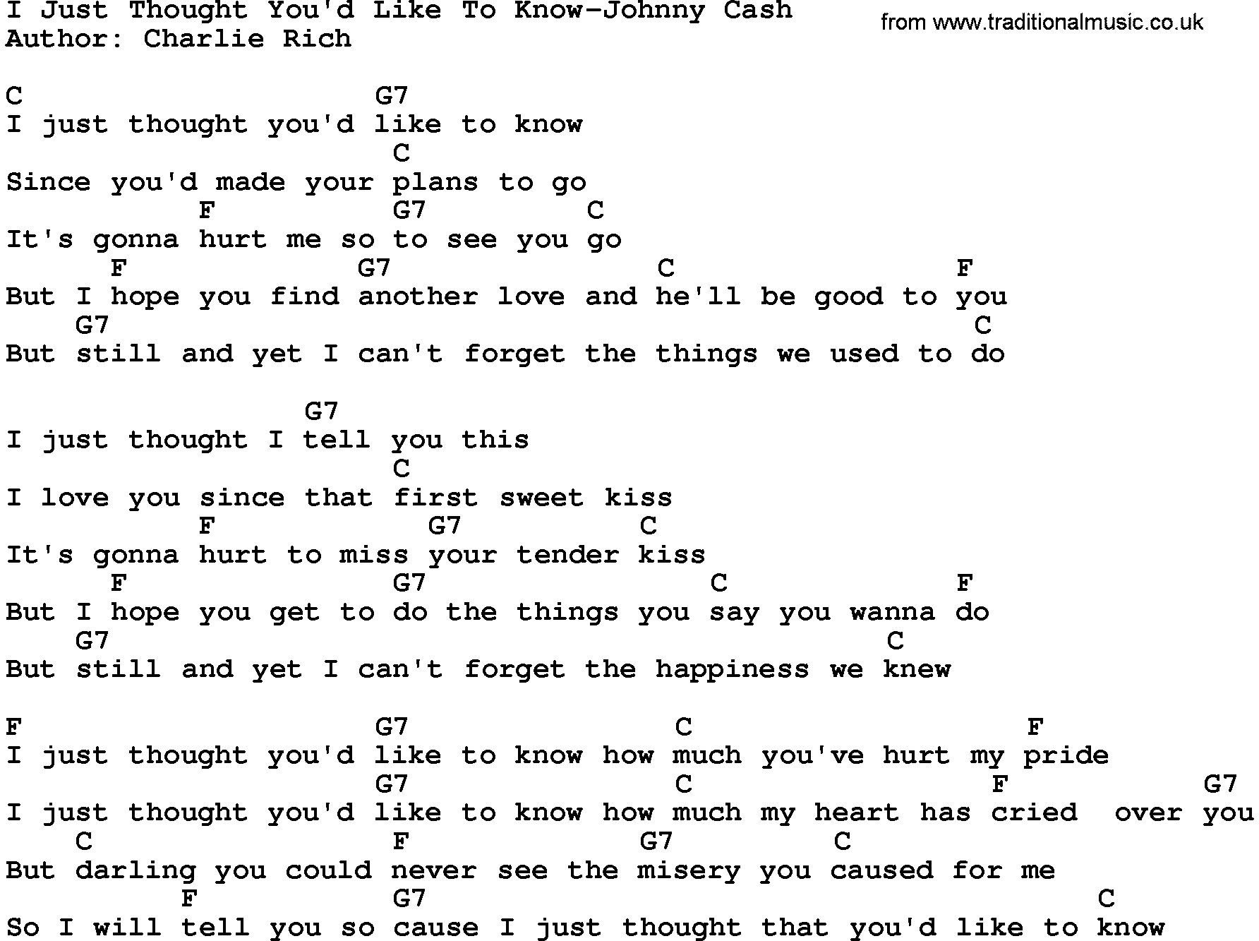 Country music song: I Just Thought You'd Like To Know-Johnny Cash lyrics and chords