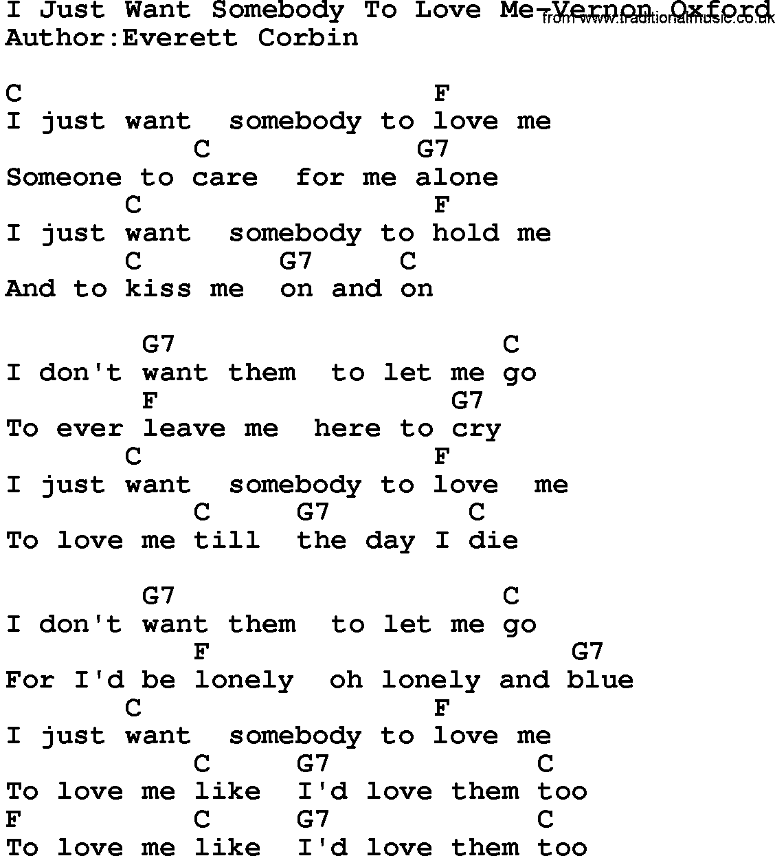 Country music song: I Just Want Somebody To Love Me-Vernon Oxford lyrics and chords