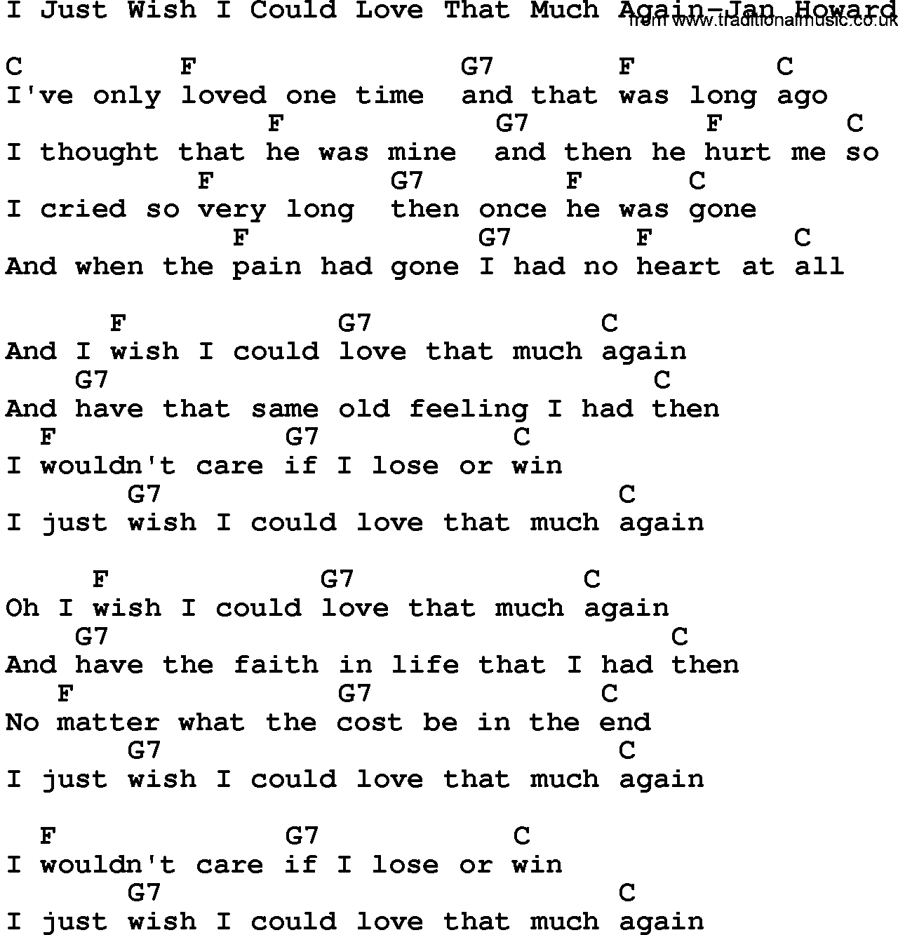 Country music song: I Just Wish I Could Love That Much Again-Jan Howard lyrics and chords