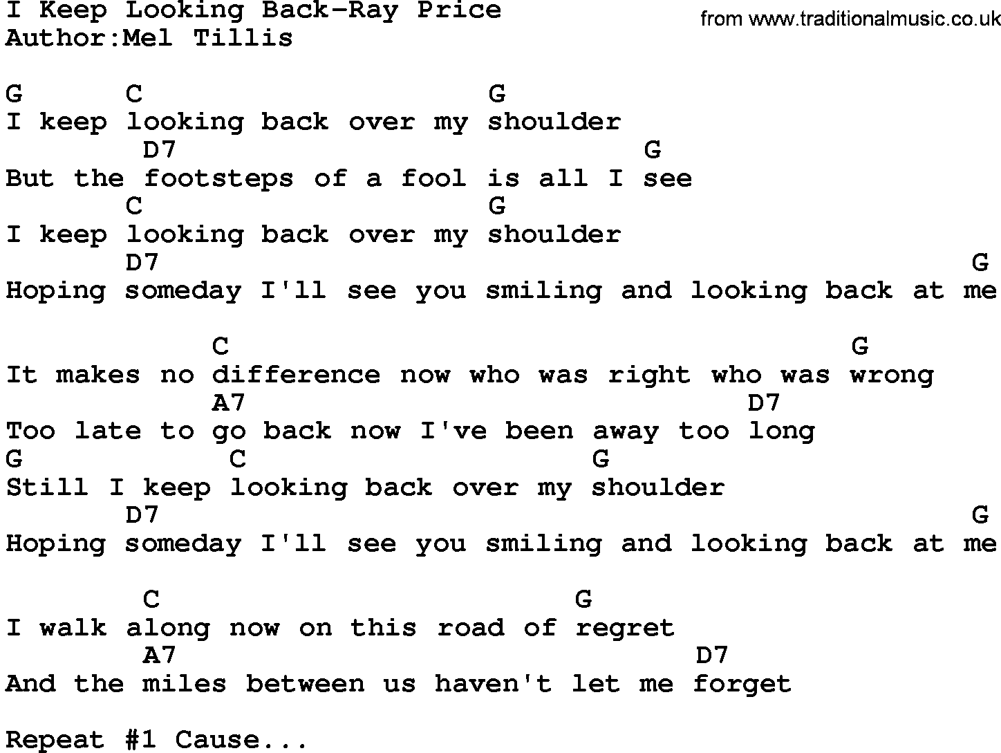 Country music song: I Keep Looking Back-Ray Price lyrics and chords