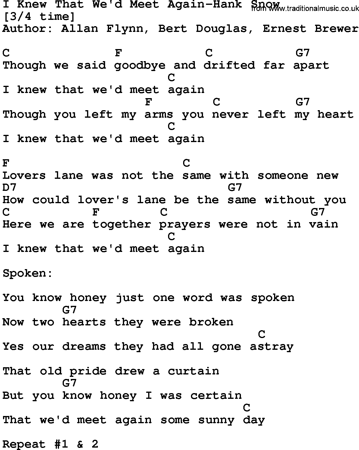 Country music song: I Knew That We'd Meet Again-Hank Snow lyrics and chords