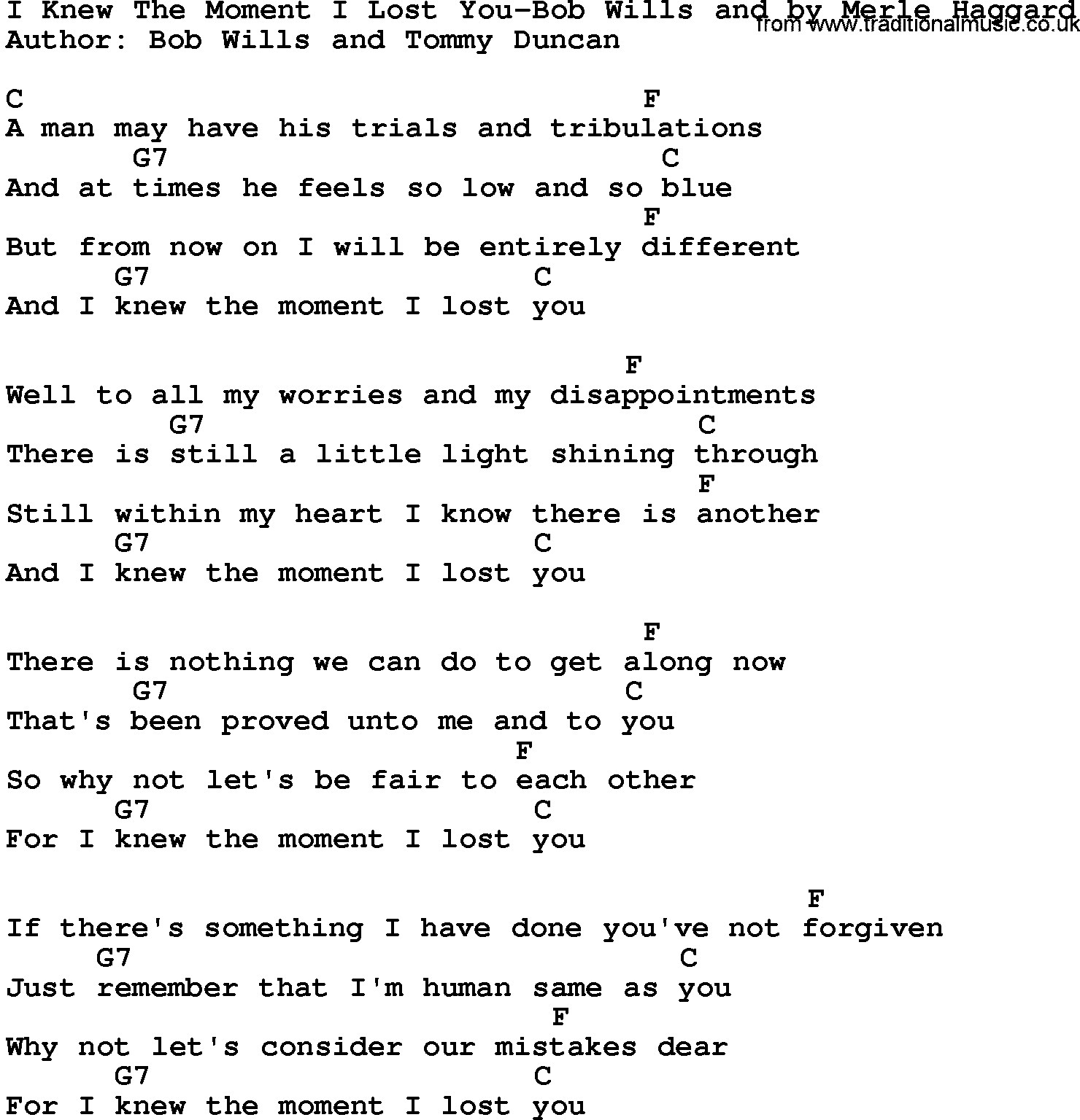 Country music song: I Knew The Moment I Lost You-Bob Wills And By Merle Haggard lyrics and chords