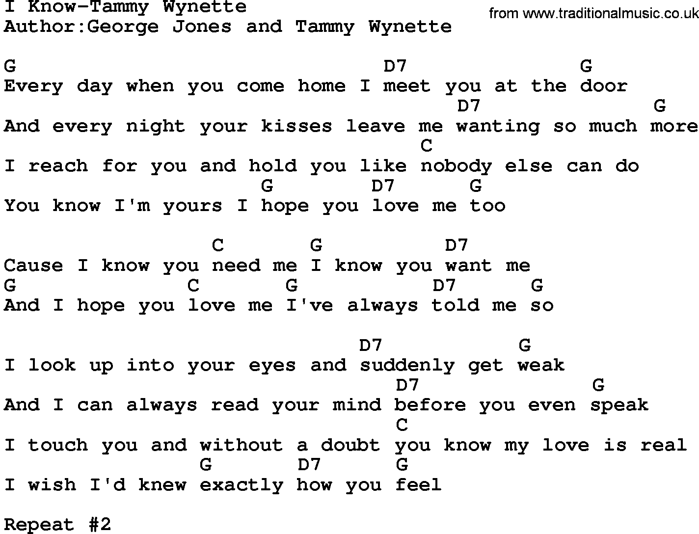 Country music song: I Know-Tammy Wynette lyrics and chords