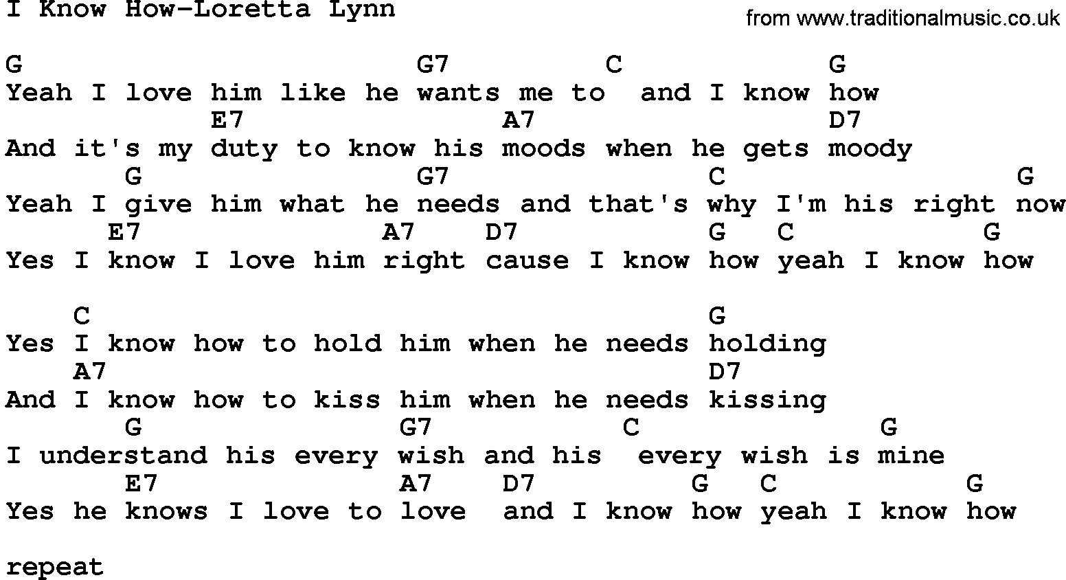 Country music song: I Know How-Loretta Lynn lyrics and chords