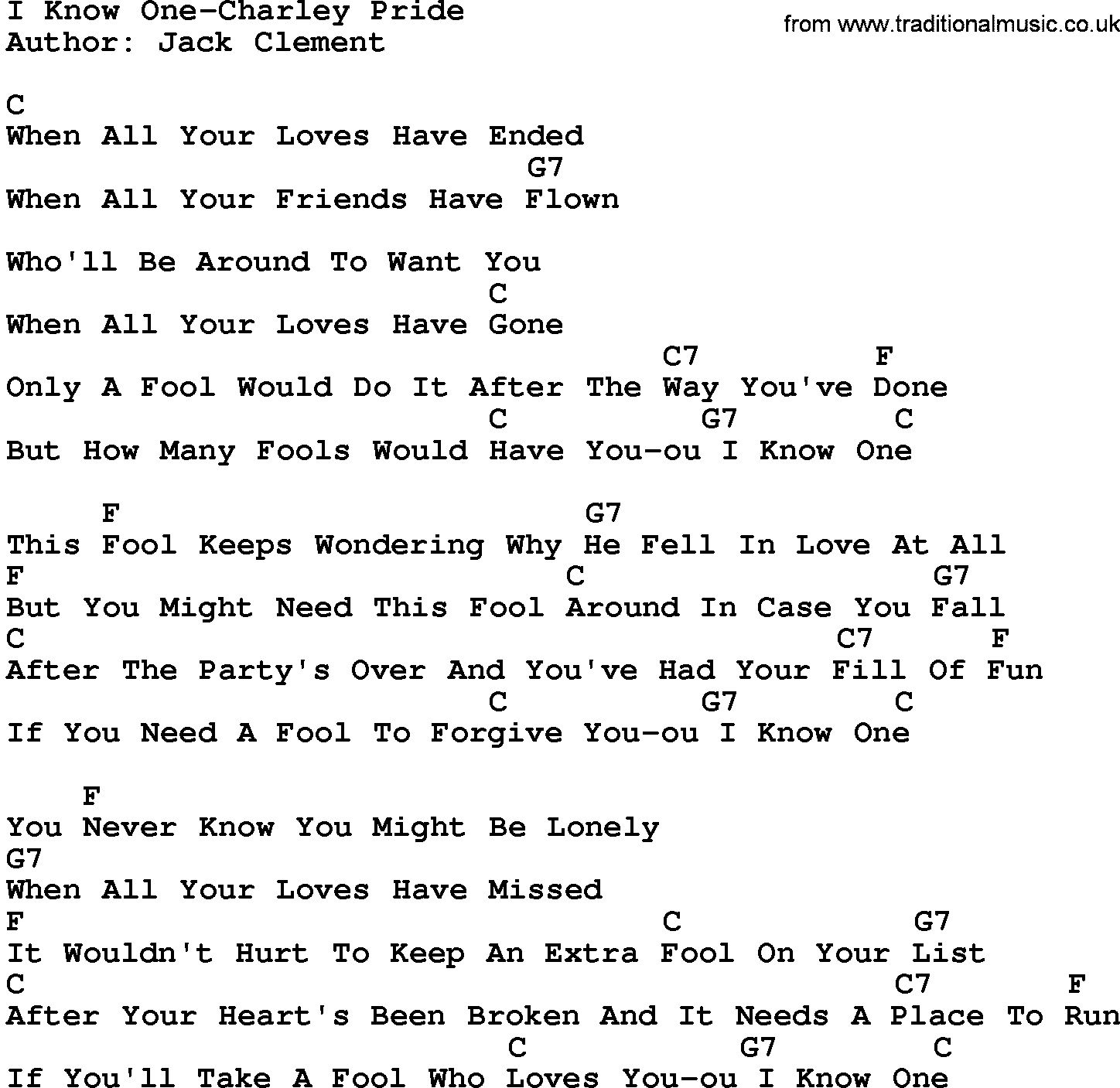 Country music song: I Know One-Charley Pride lyrics and chords