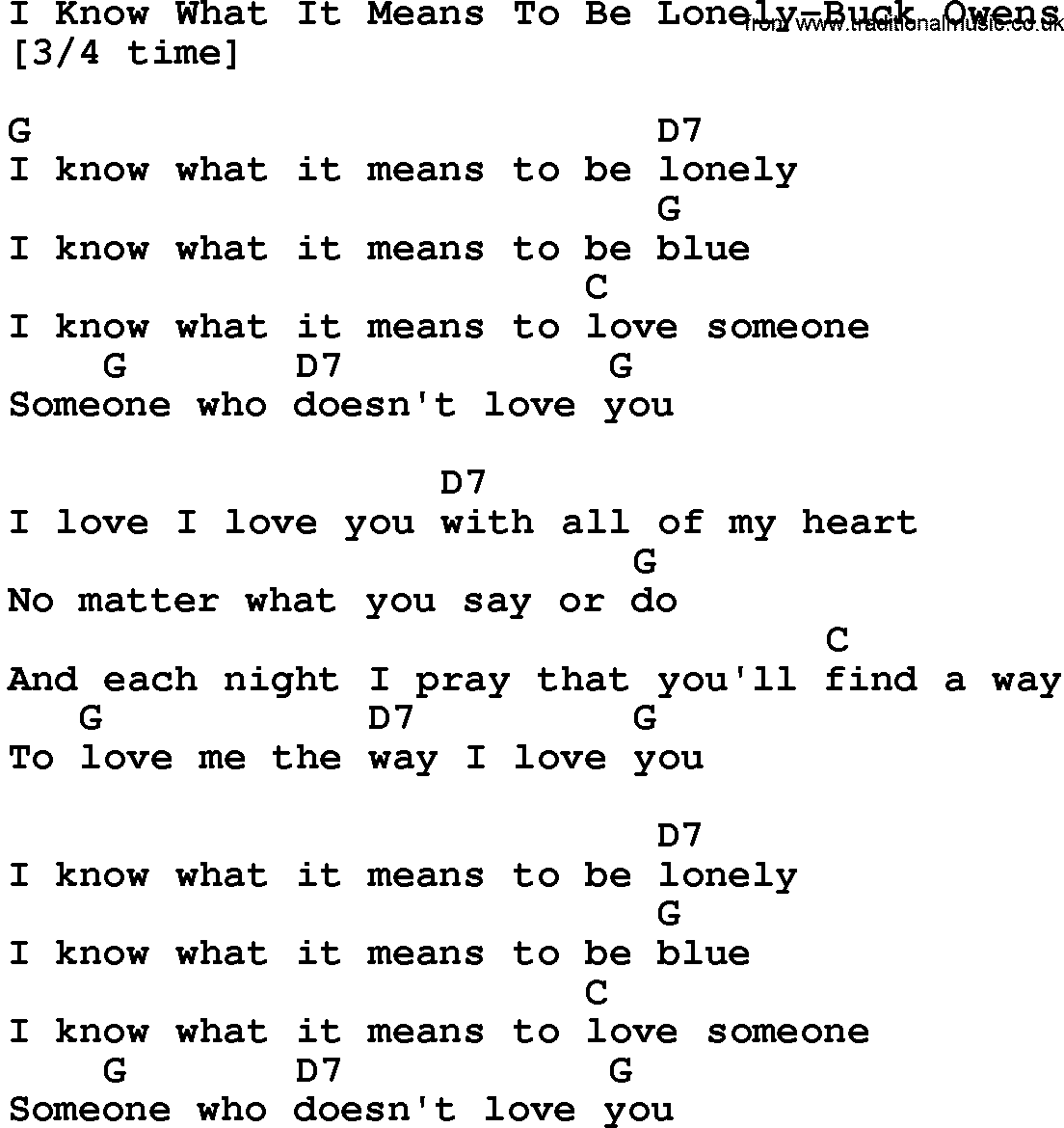 Country music song: I Know What It Means To Be Lonely-Buck Owens lyrics and chords