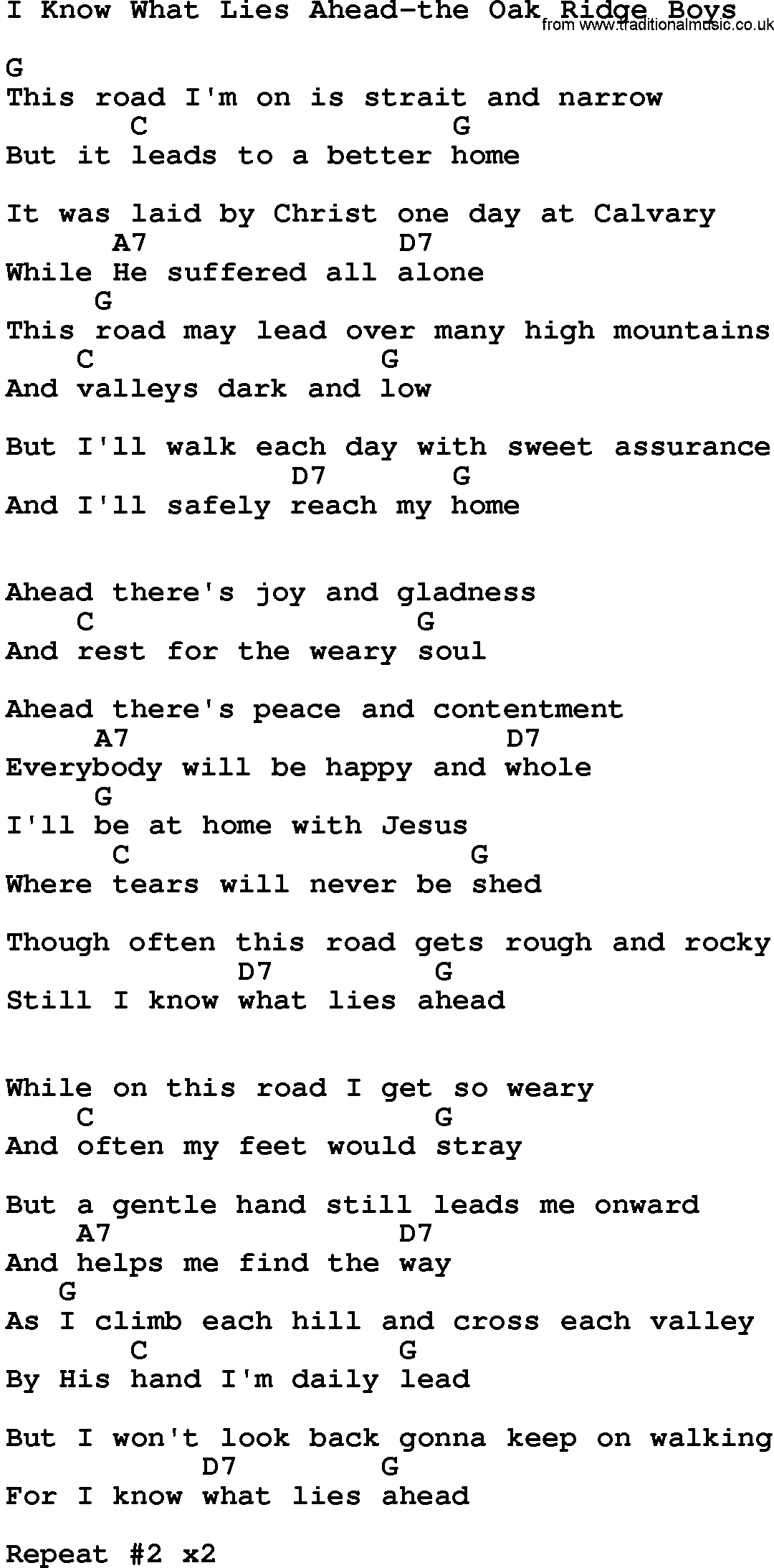 Country music song: I Know What Lies Ahead-The Oak Ridge Boys lyrics and chords