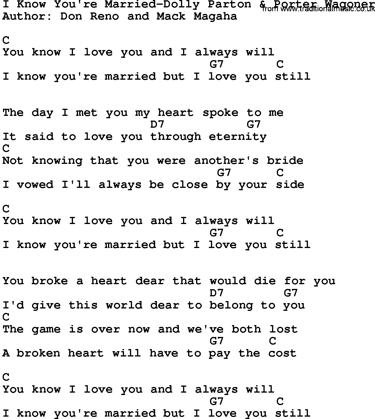 Country music song: I Know You're Married-Dolly Parton & Porter Wagoner lyrics and chords