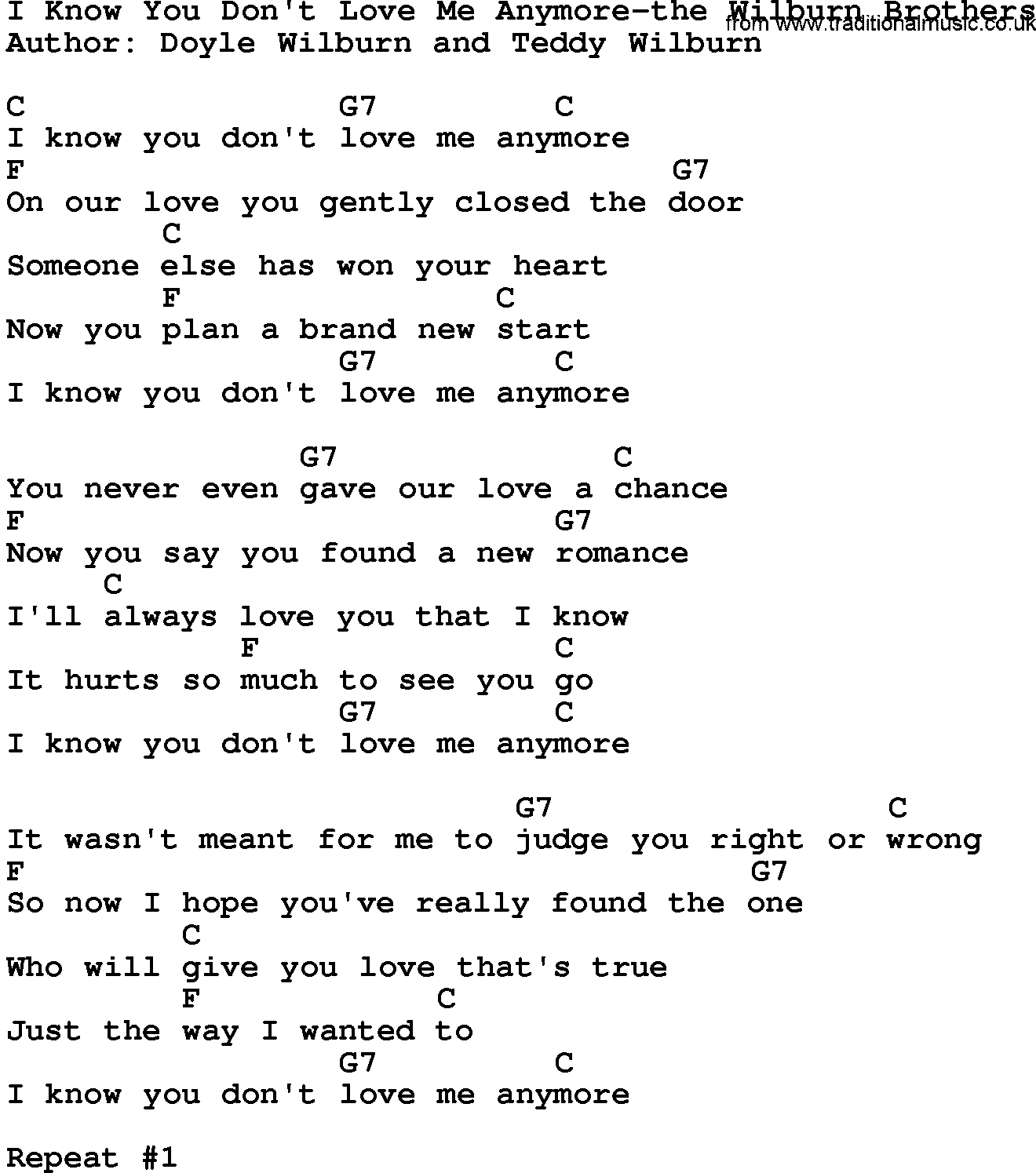 Country music song: I Know You Don't Love Me Anymore-The Wilburn Brothers lyrics and chords