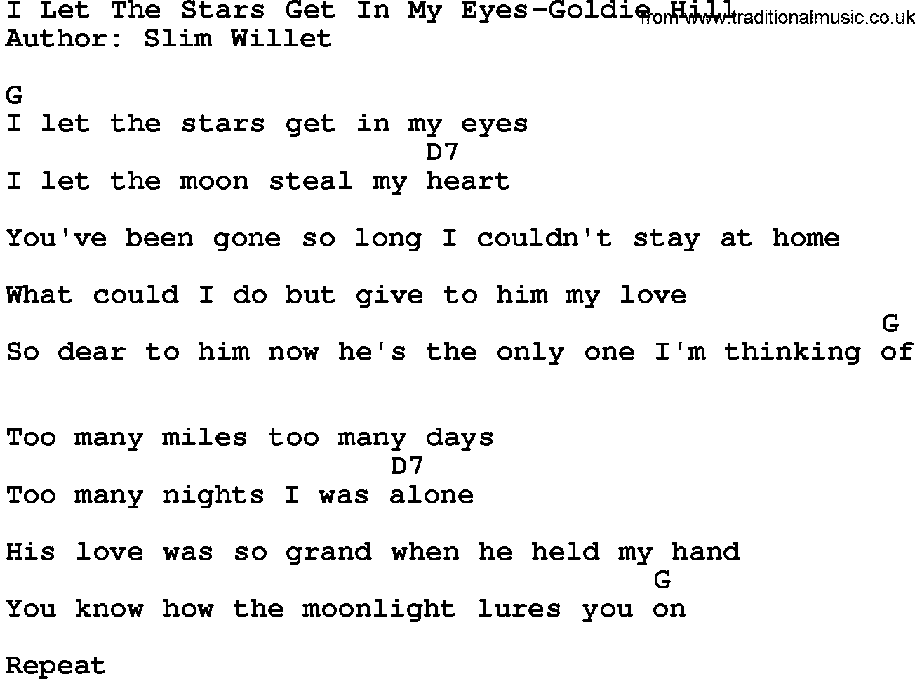 Country music song: I Let The Stars Get In My Eyes-Goldie Hill lyrics and chords