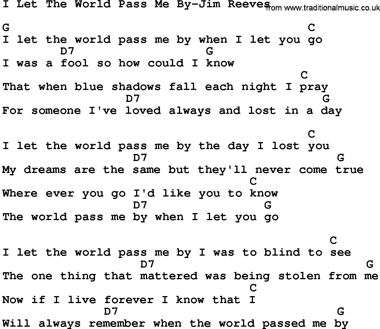 Country music song: I Let The World Pass Me By-Jim Reeves lyrics and chords