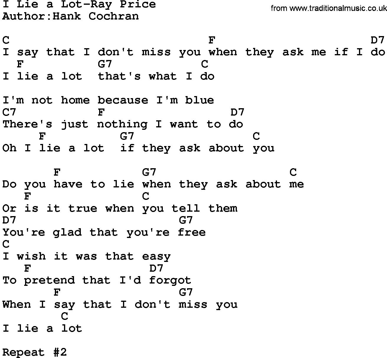 Country music song: I Lie A Lot-Ray Price lyrics and chords